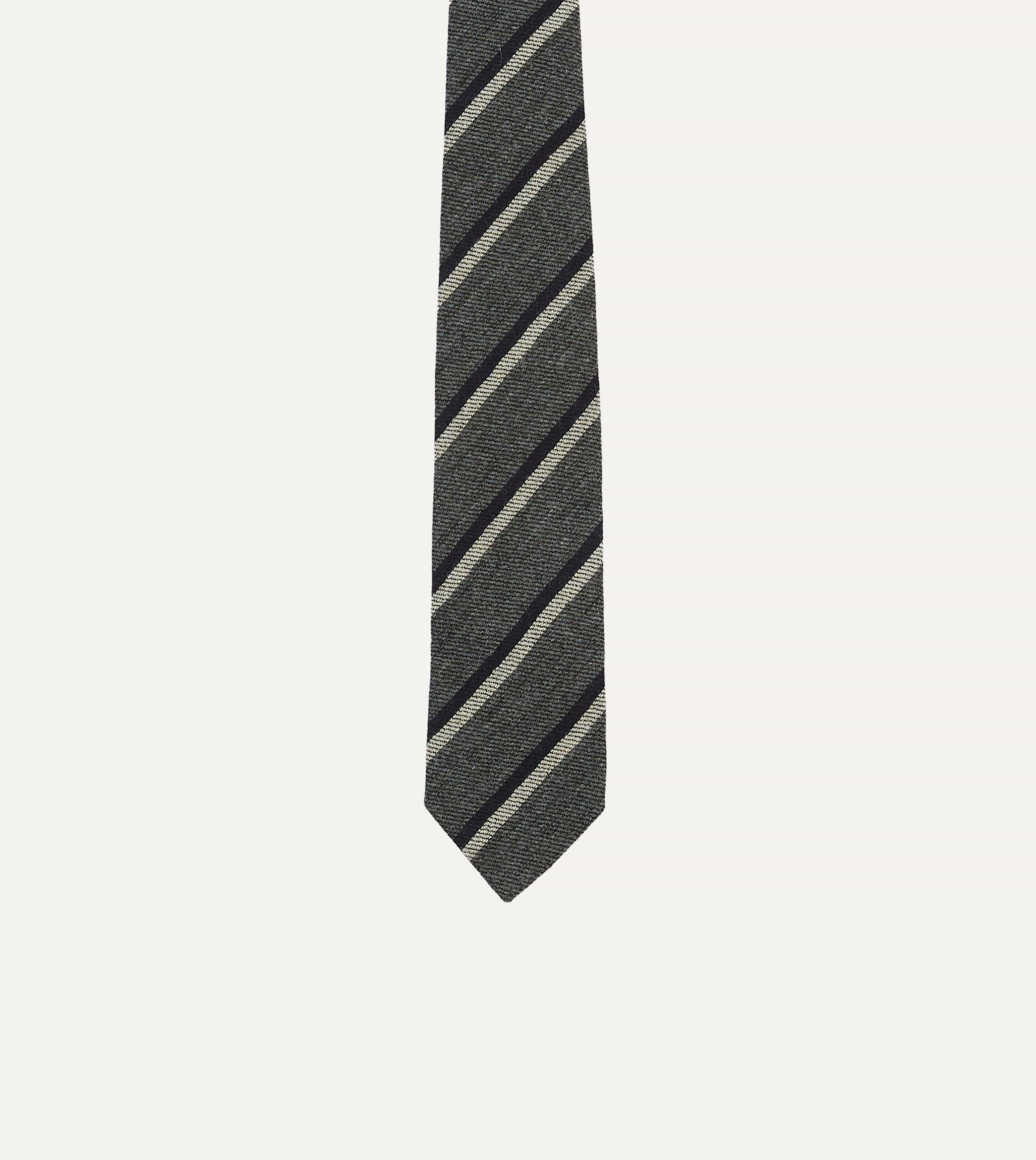 Grey, Navy and White Double Stripe Tipped Wool Tie - Image 3