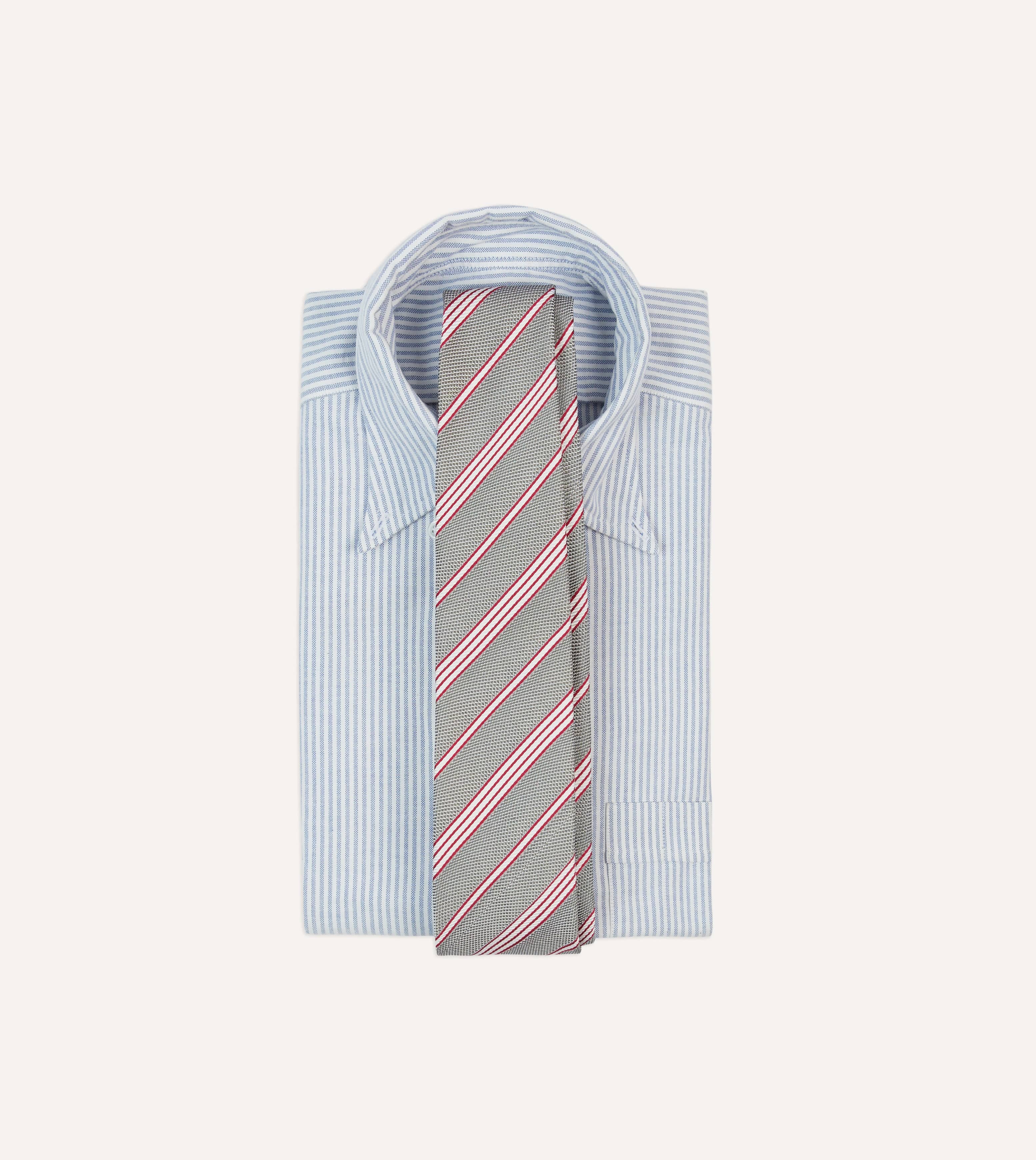 Grey, Red and Ecru Twill Stripe Tipped Silk Grenadine Tie - Image 2