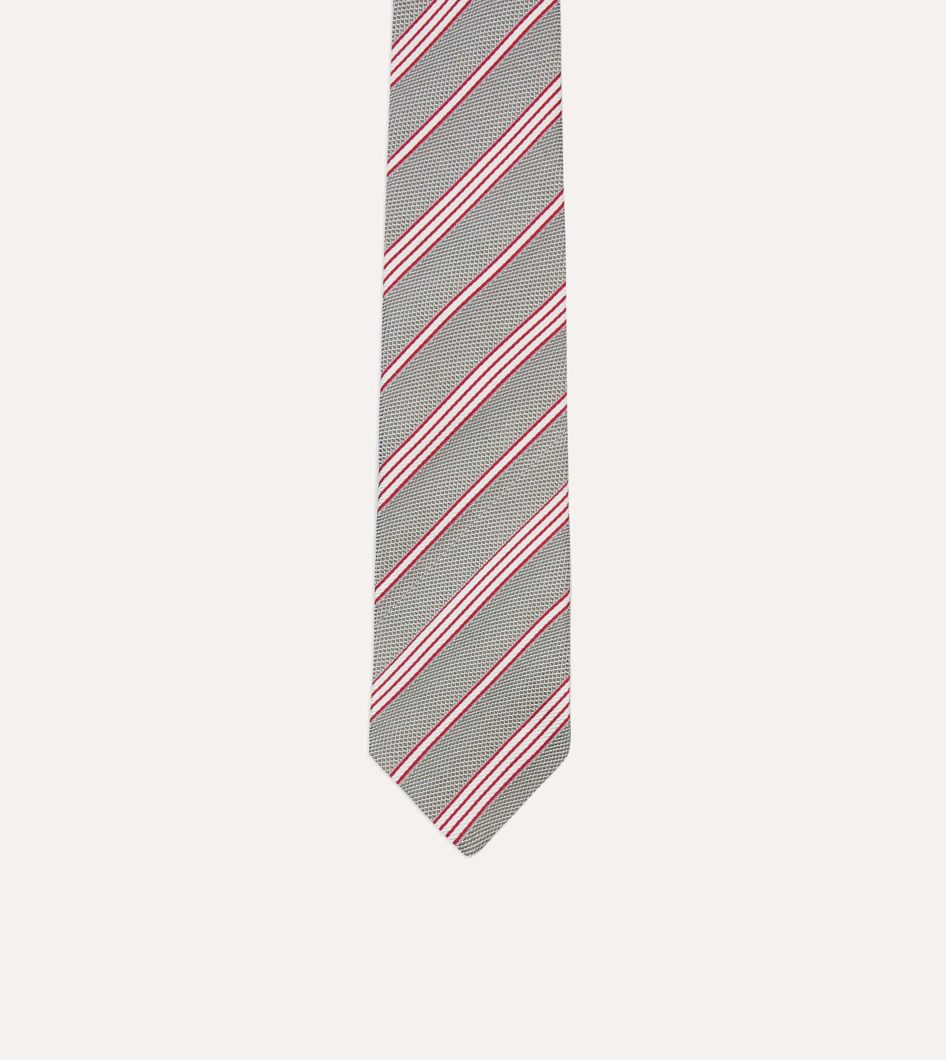 Grey, Red and Ecru Twill Stripe Tipped Silk Grenadine Tie - Image 3