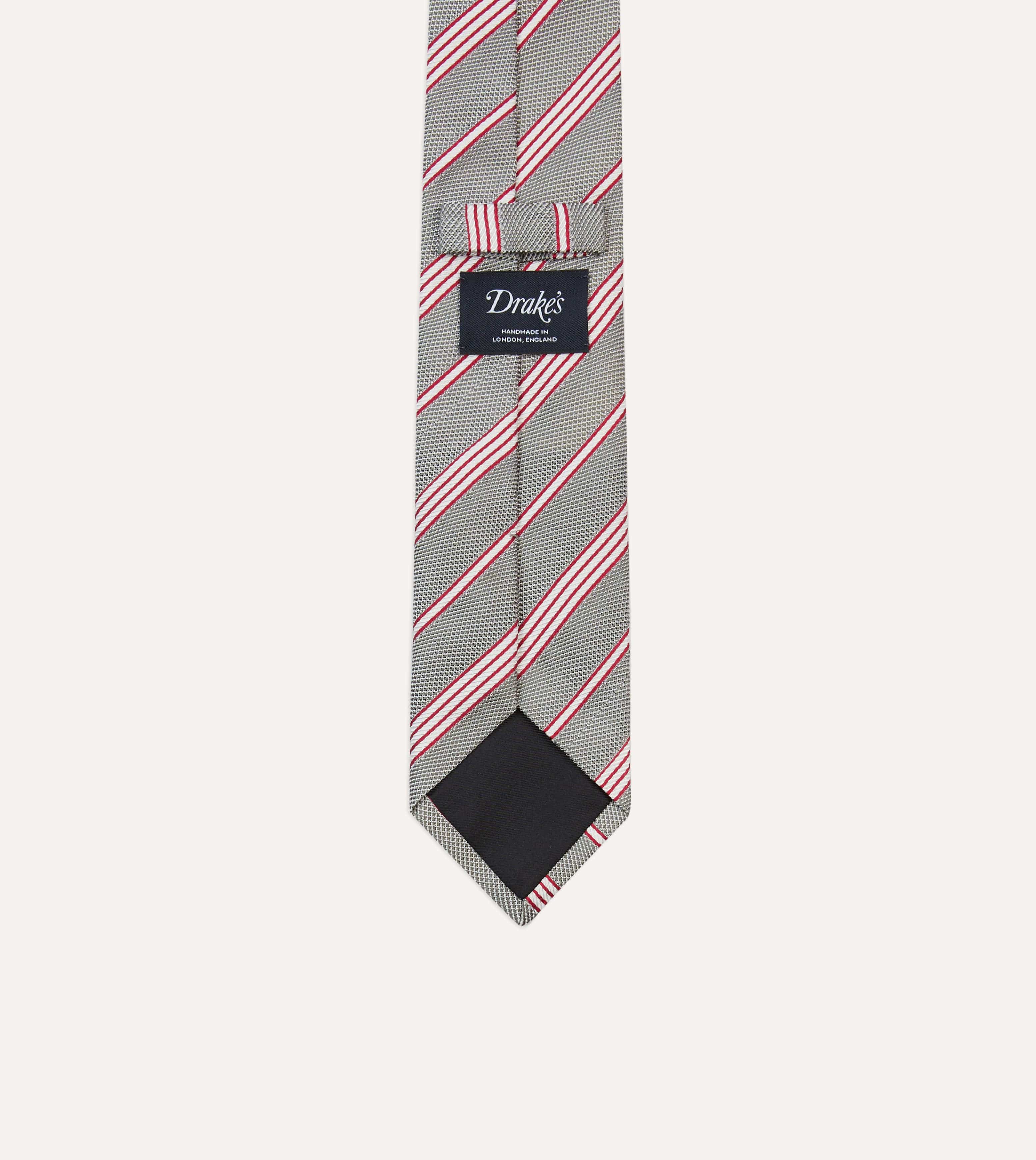 Grey, Red and Ecru Twill Stripe Tipped Silk Grenadine Tie - Image 4