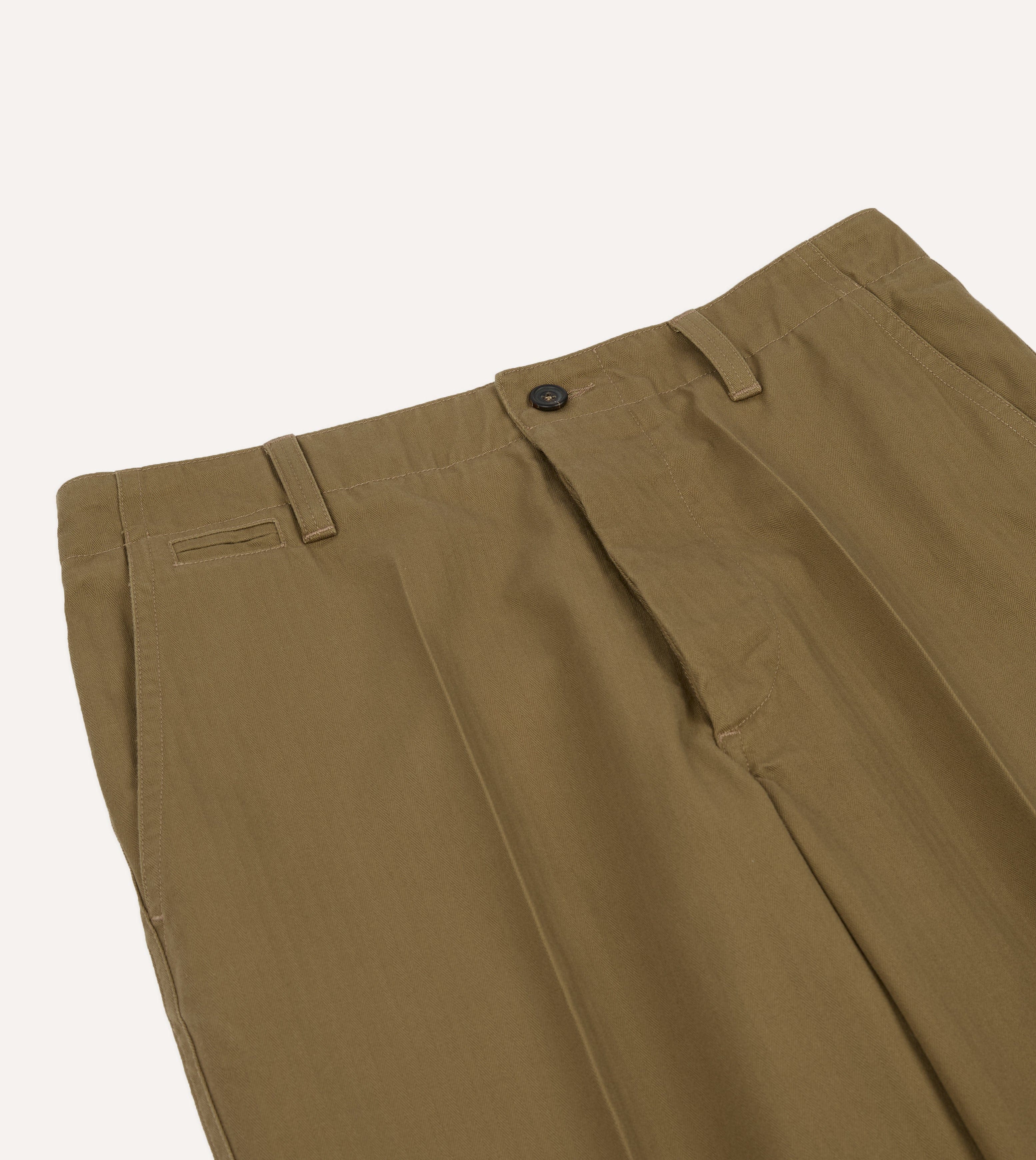 Khaki Herringbone Cotton Wide Leg Flat Front Chino - Image 4
