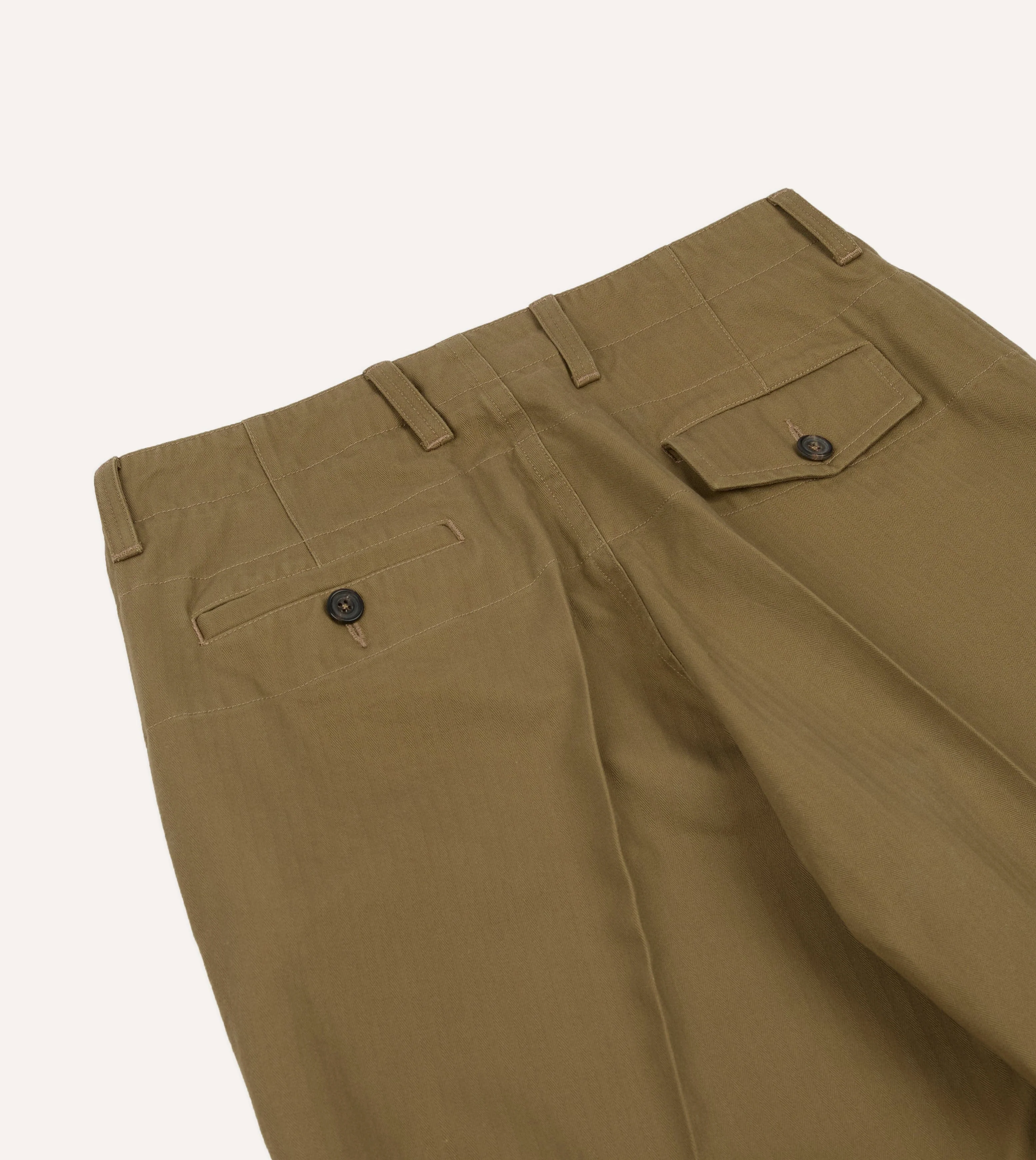 Khaki Herringbone Cotton Wide Leg Flat Front Chino - Image 5