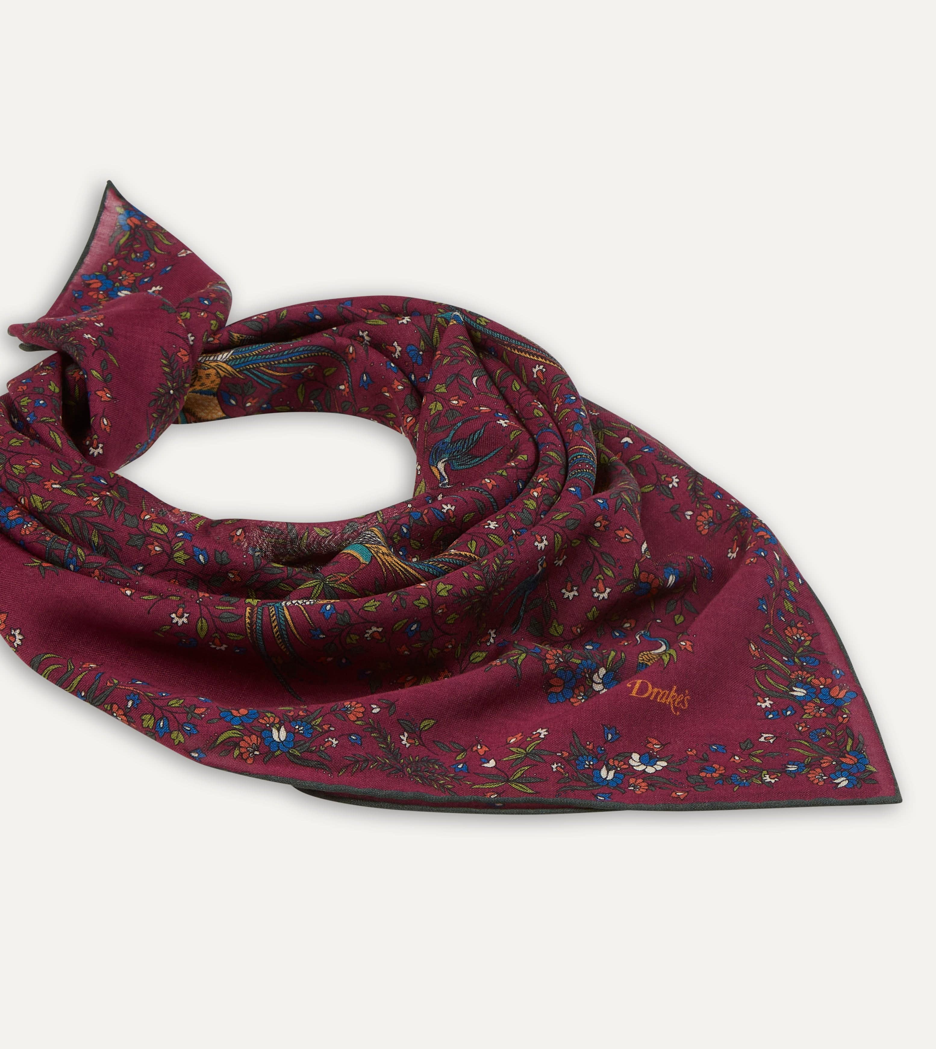 Magenta Birds of Paradise Print Wool-Silk Square Scarf - Image 5