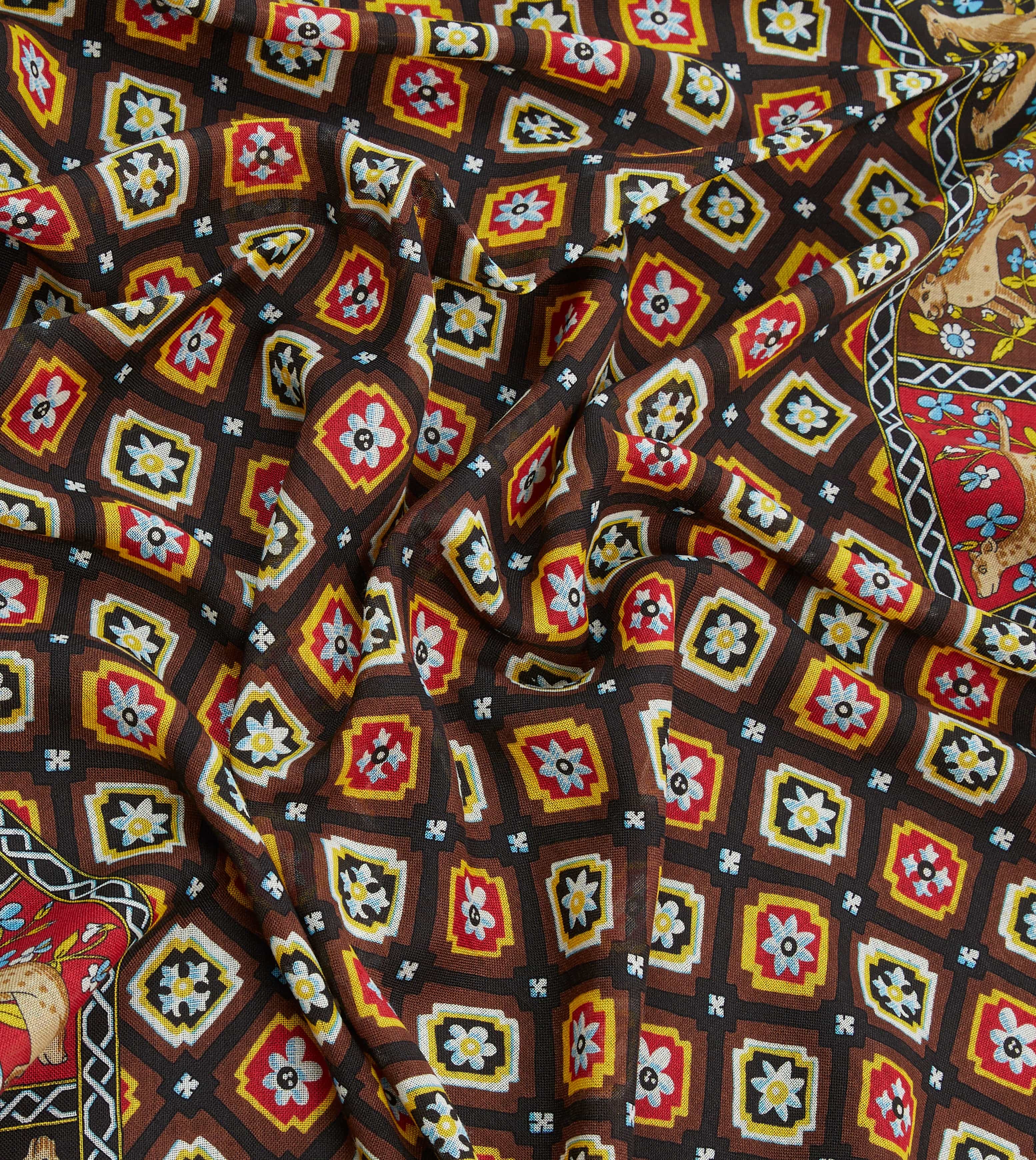Navy and Brown Animal Border Medallion Print Wool-Silk Scarf - Image 2