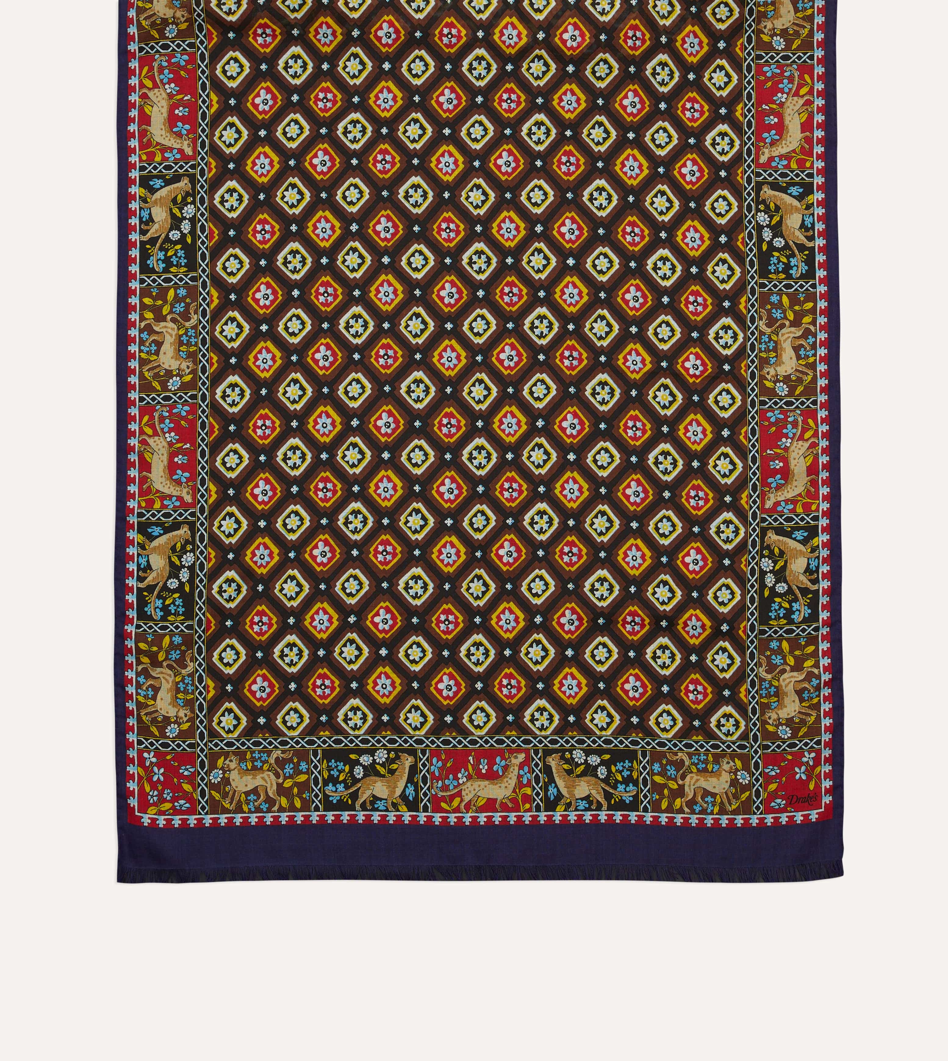 Navy and Brown Animal Border Medallion Print Wool-Silk Scarf - Image 3