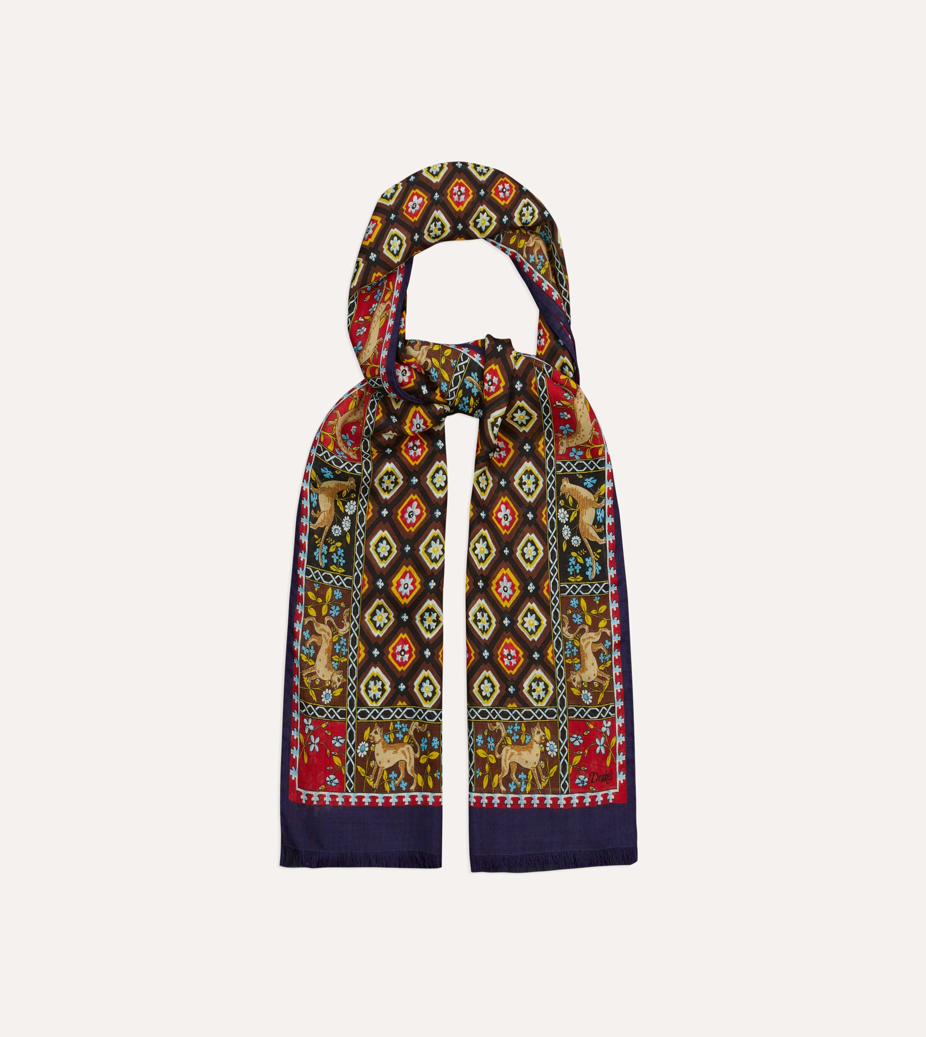 Navy and Brown Animal Border Medallion Print Wool-Silk Scarf - Image 4