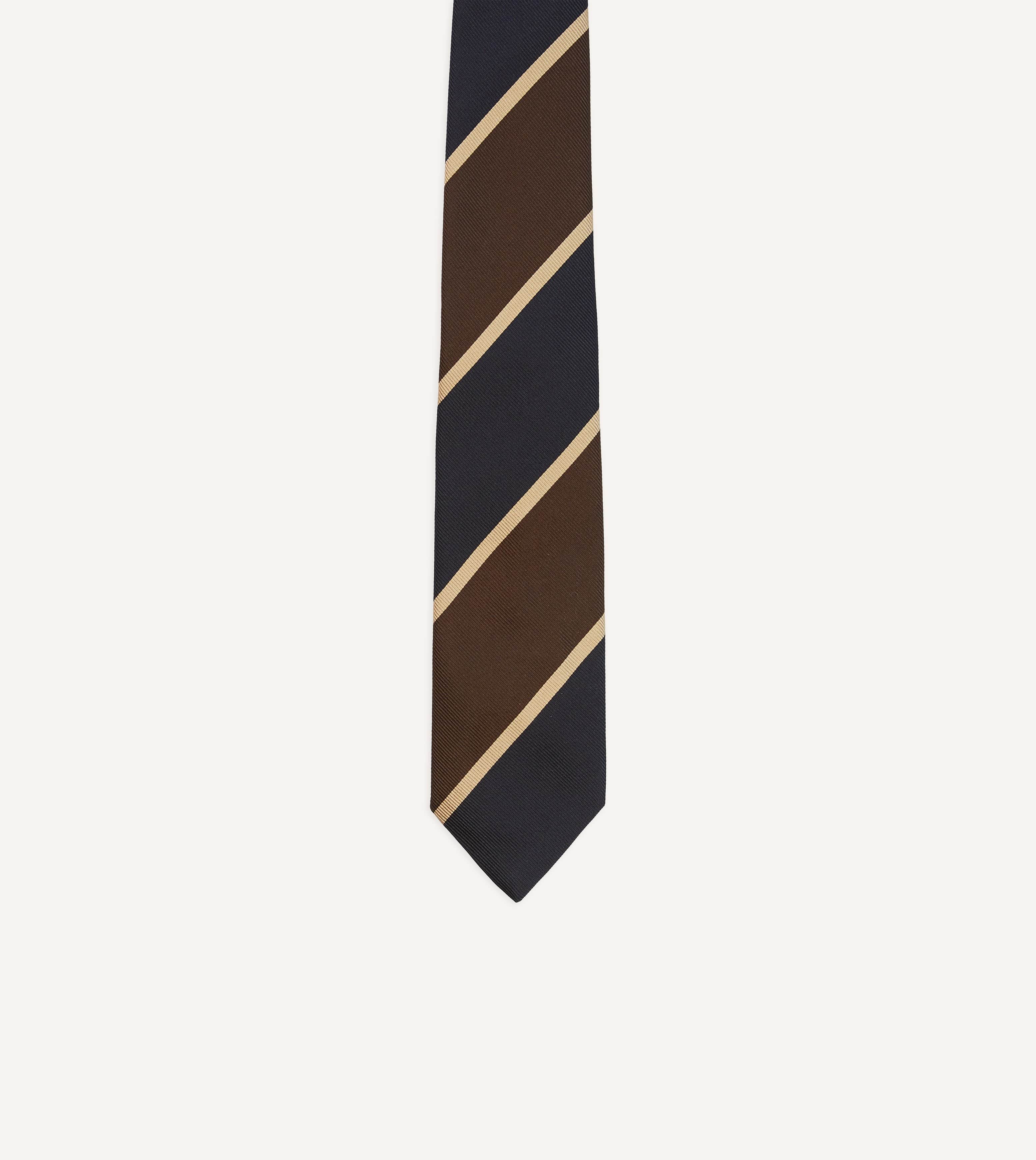 Navy and Brown Broad Stripe Mogador Silk Tipped Tie - Image 3