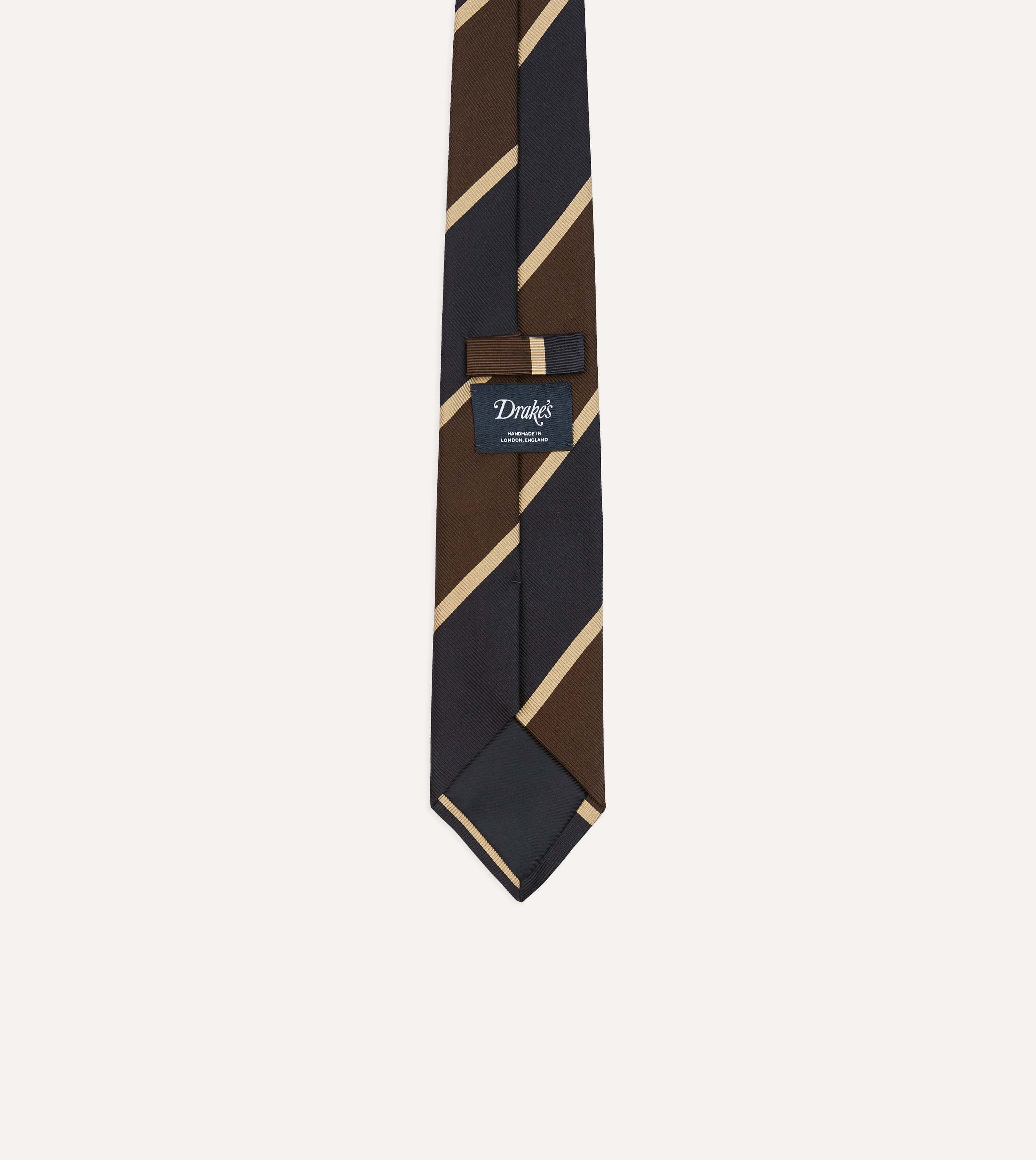 Navy and Brown Broad Stripe Mogador Silk Tipped Tie - Image 4