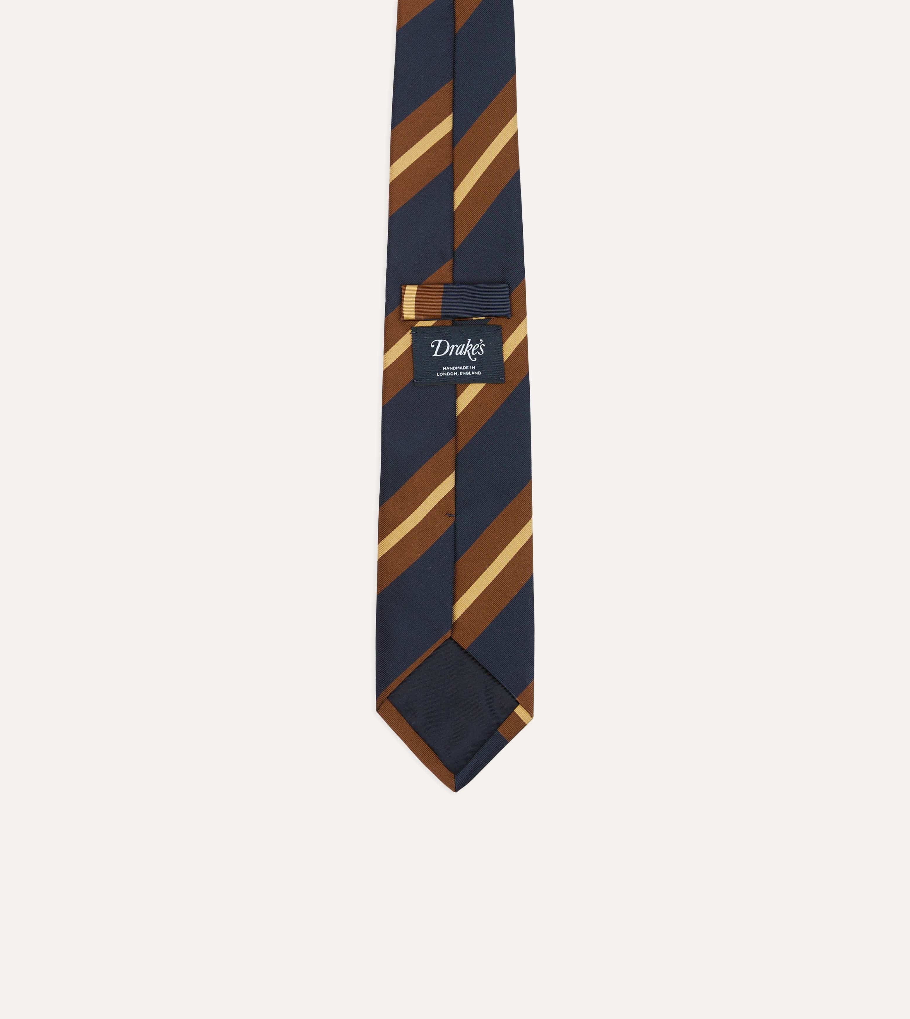 Navy and Brown Stripe Mogador Silk Tipped Tie - Image 4