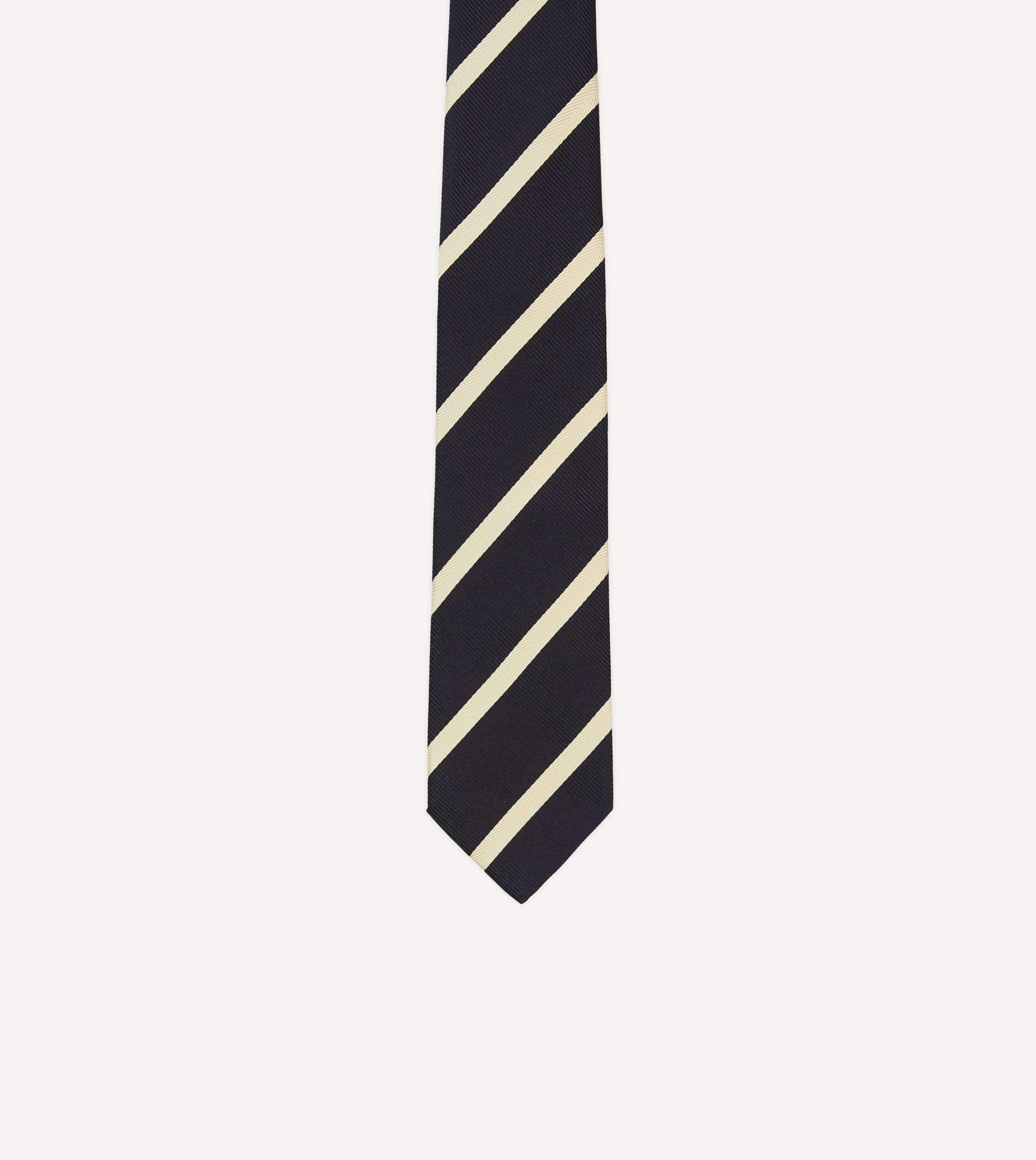 Navy and Ecru Herringbone Bar Stripe Mogador Silk Tipped Tie - Image 3