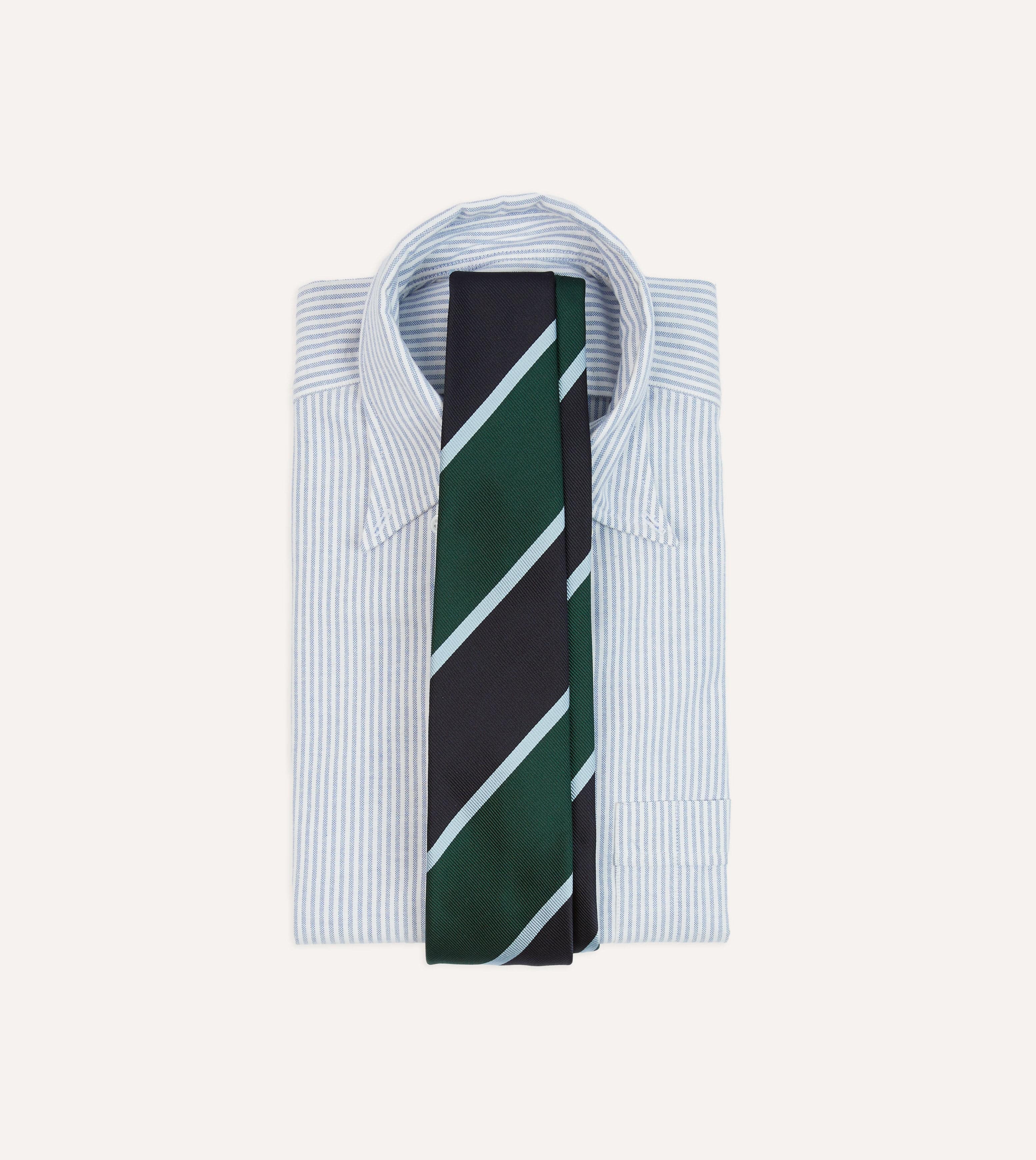 Navy and Green Broad Stripe Mogador Silk Tipped Tie - Image 2
