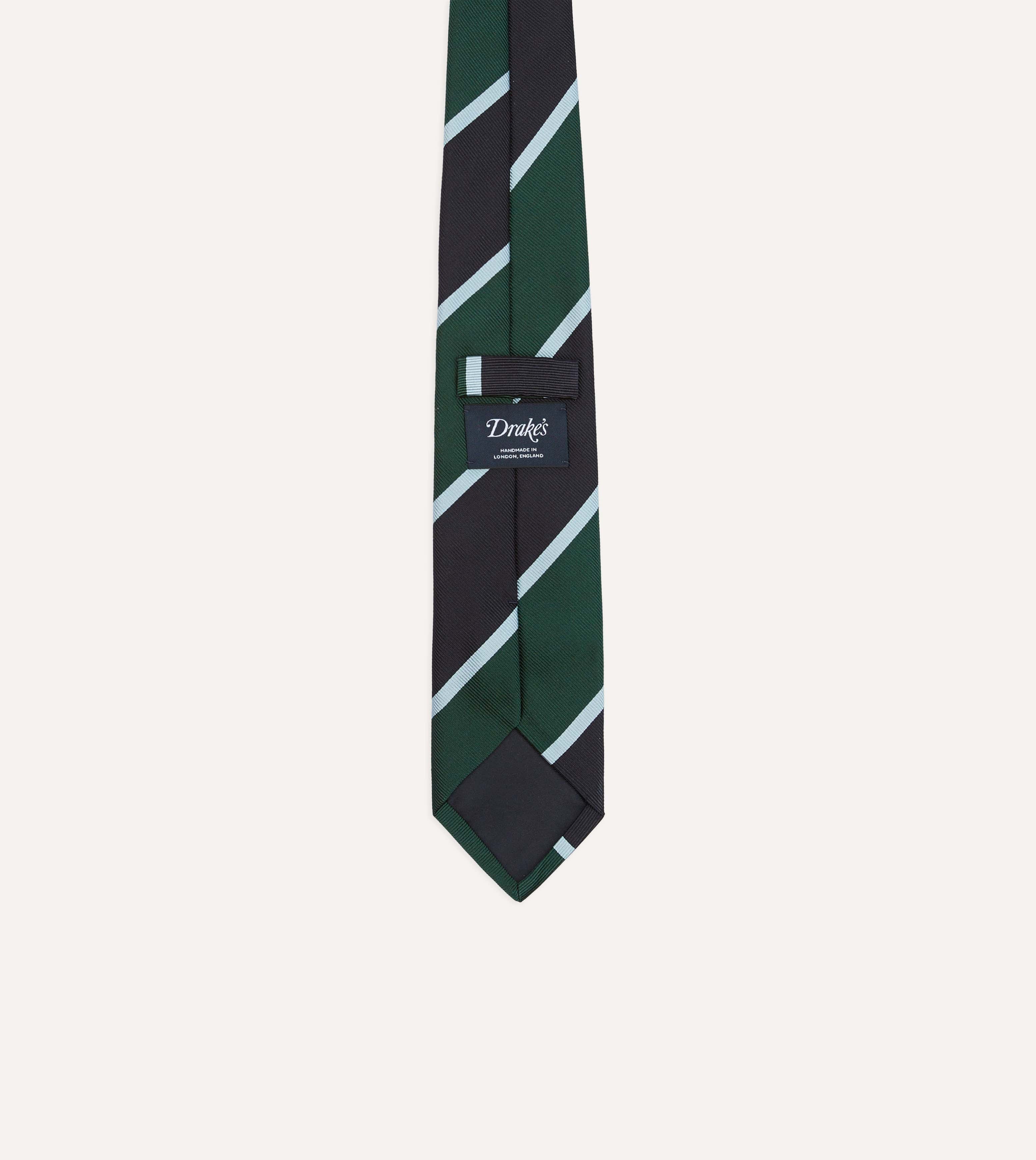 Navy and Green Broad Stripe Mogador Silk Tipped Tie - Image 4