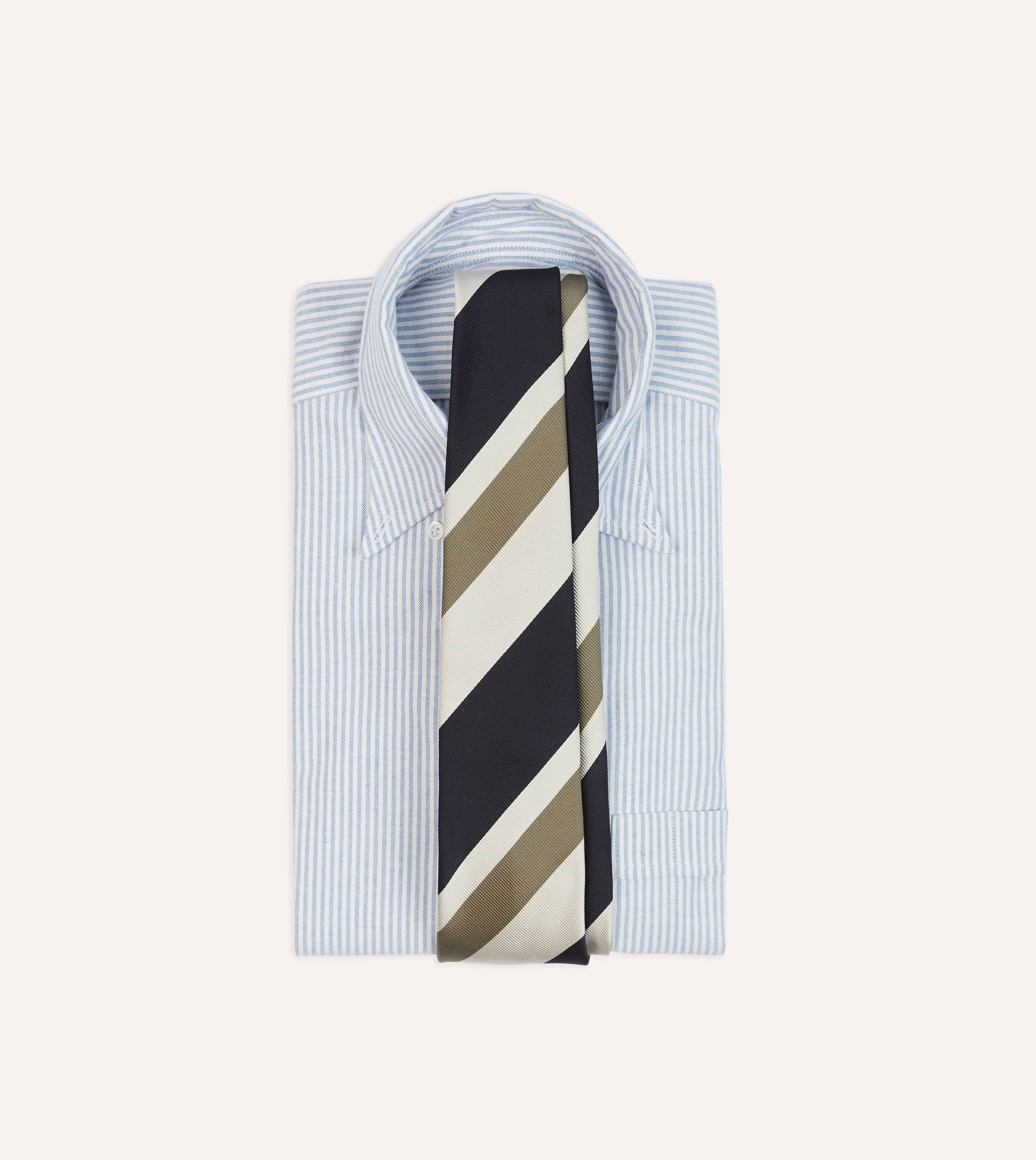 Navy and Olive Broad Stripe Silk Tipped Tie - Image 2