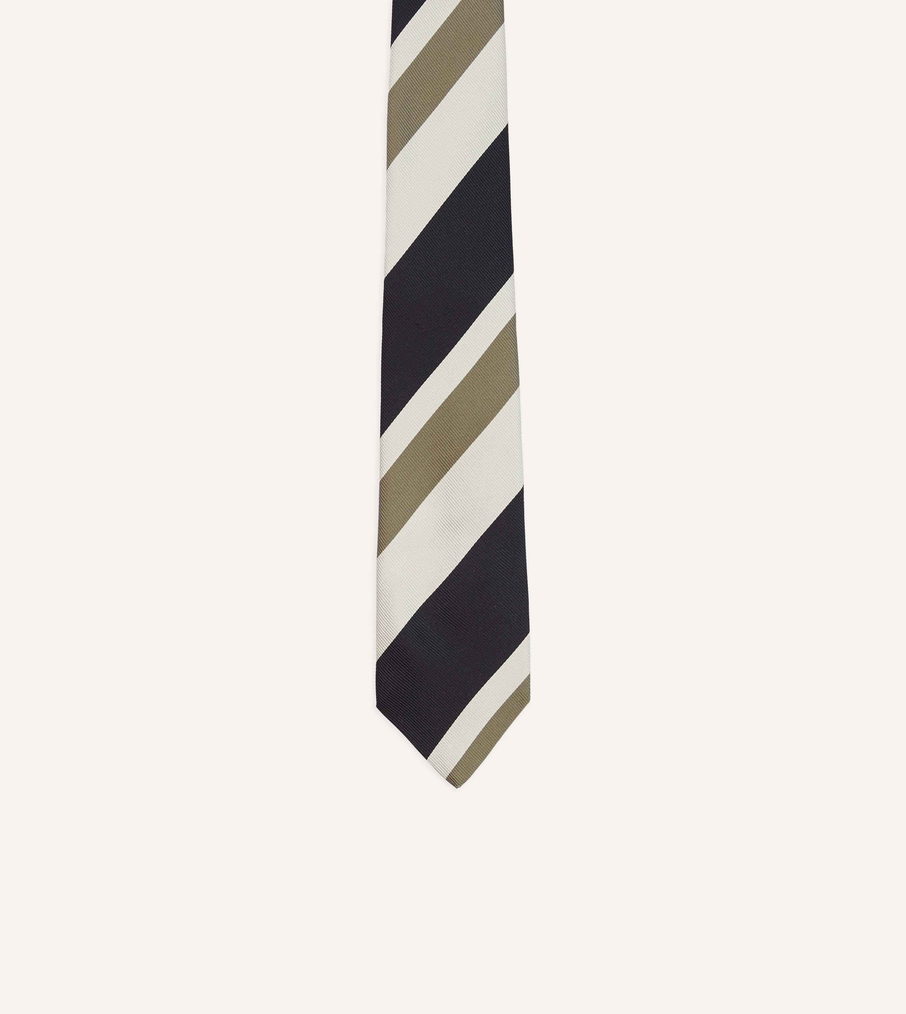 Navy and Olive Broad Stripe Silk Tipped Tie - Image 3