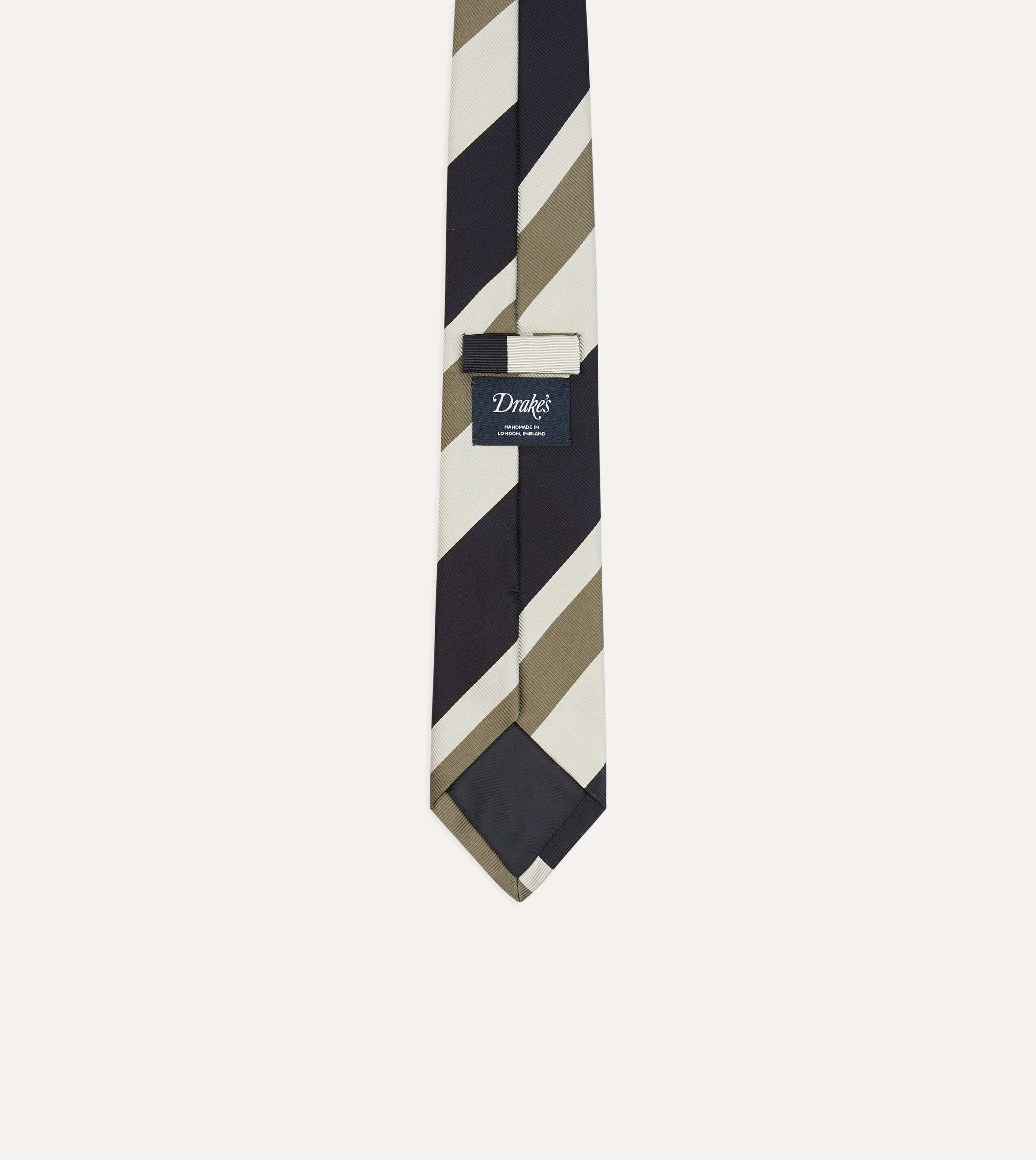 Navy and Olive Broad Stripe Silk Tipped Tie - Image 4