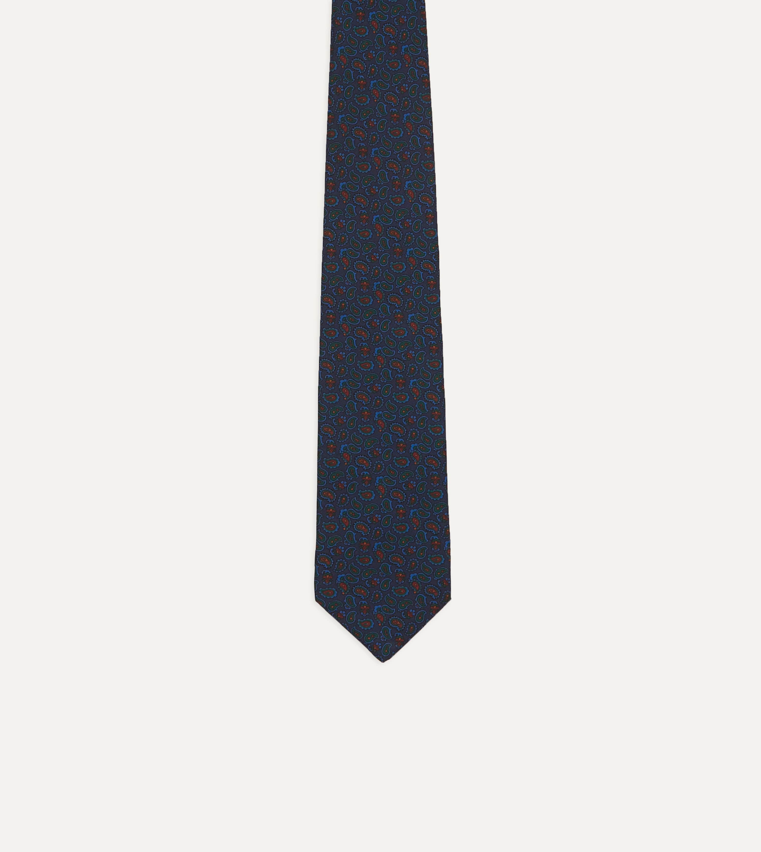 Navy and Red Paisley Print Silk Twill Self Tipped Tie - Image 4