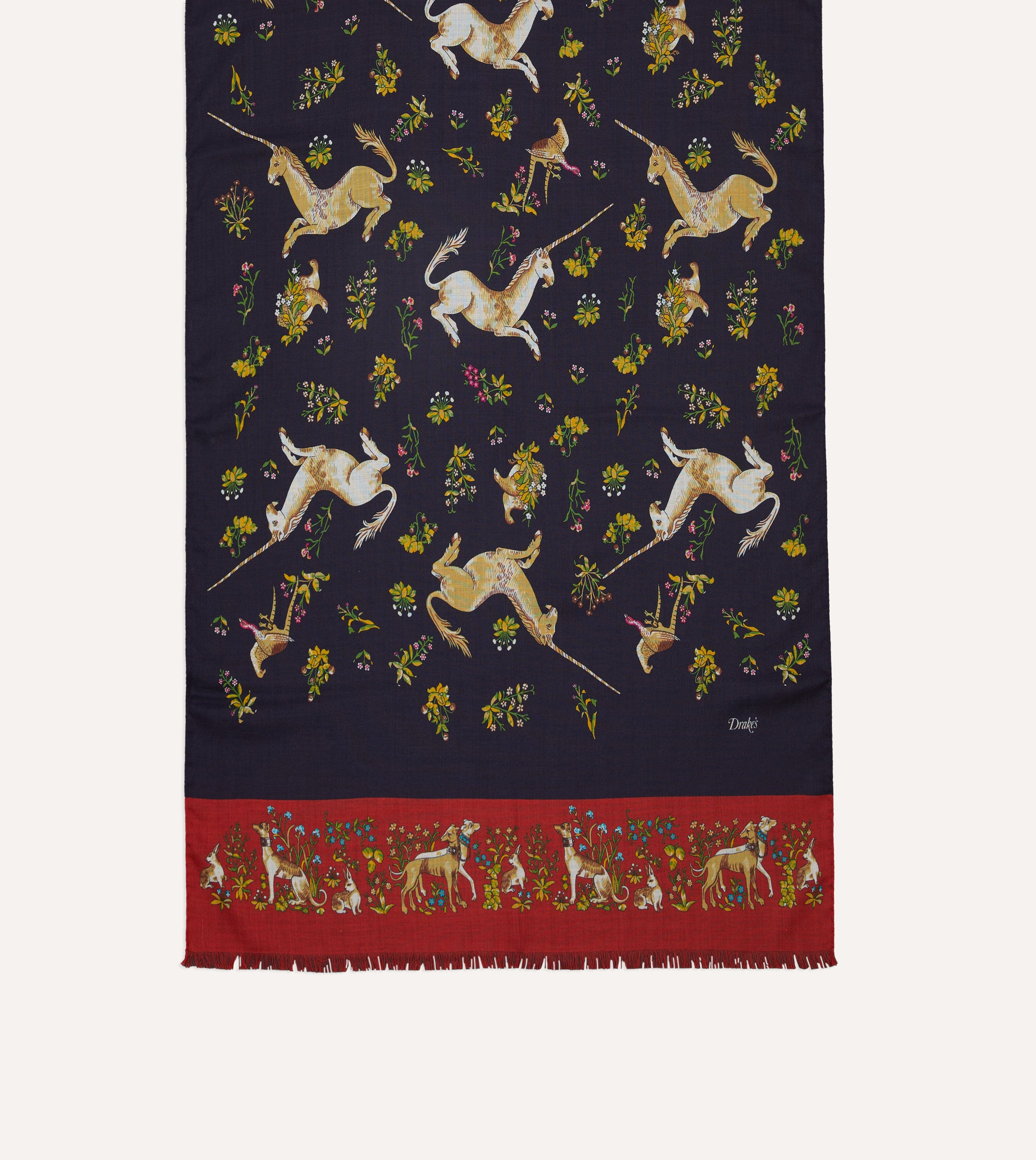 Navy and Red Unicorn Print Tubular Wool Silk Scarf - Image 3