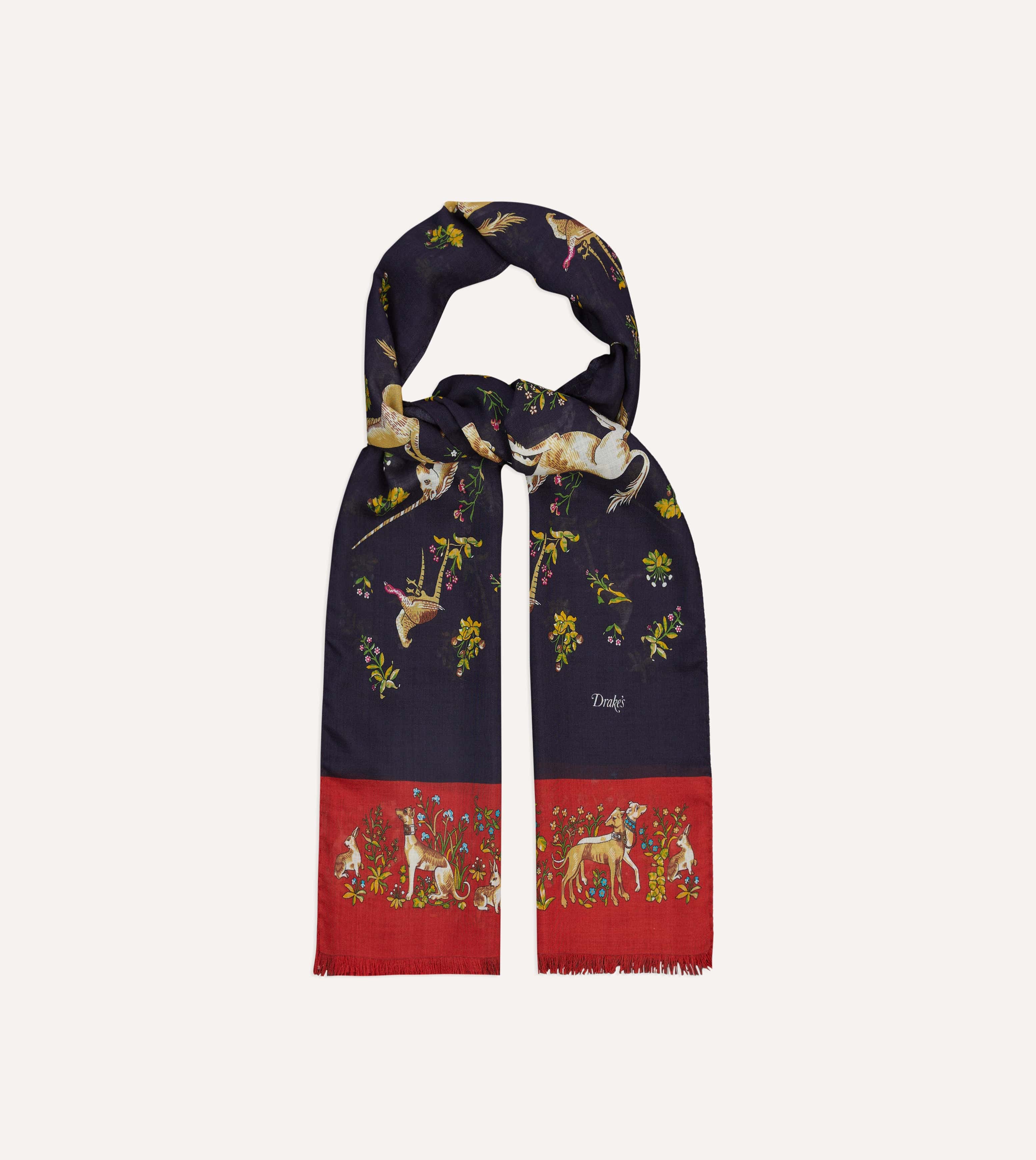 Navy and Red Unicorn Print Tubular Wool Silk Scarf - Image 4