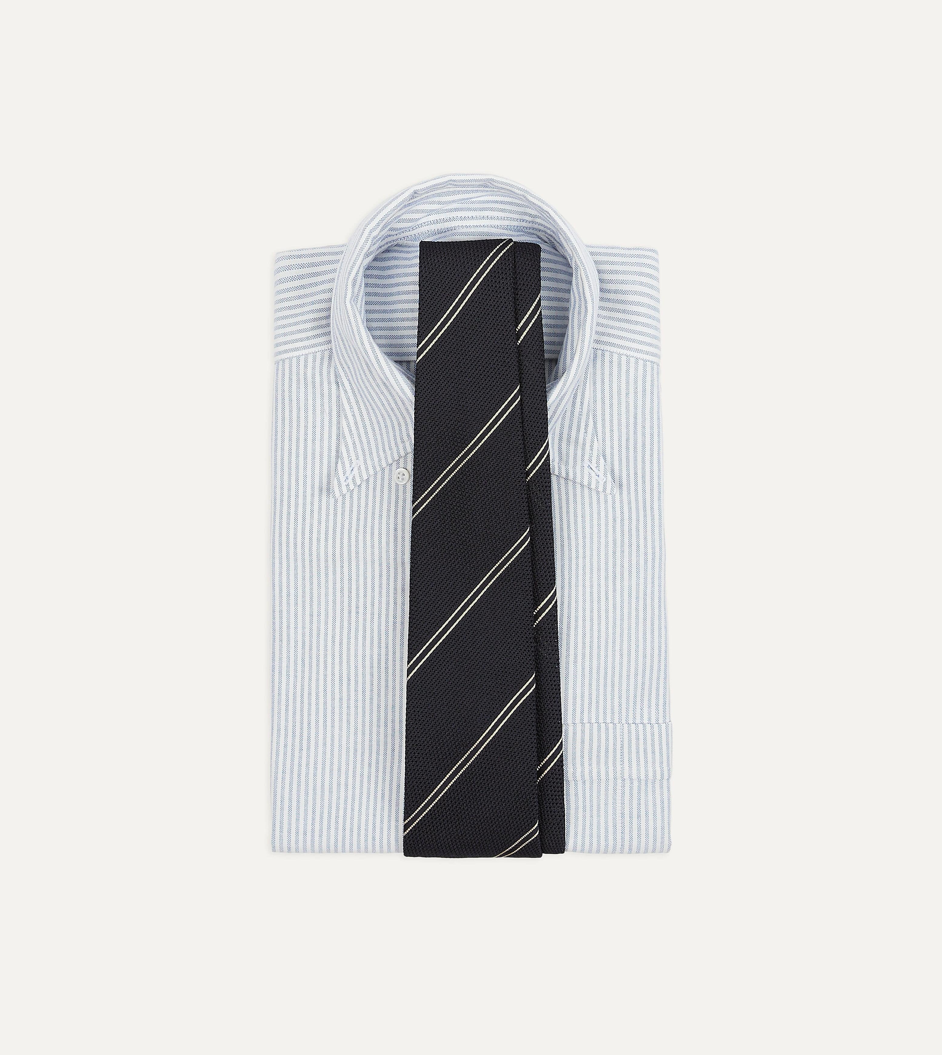 Navy and Silver Sandwich Stripe Hand Rolled Silk Grenadine Tie - Image 2