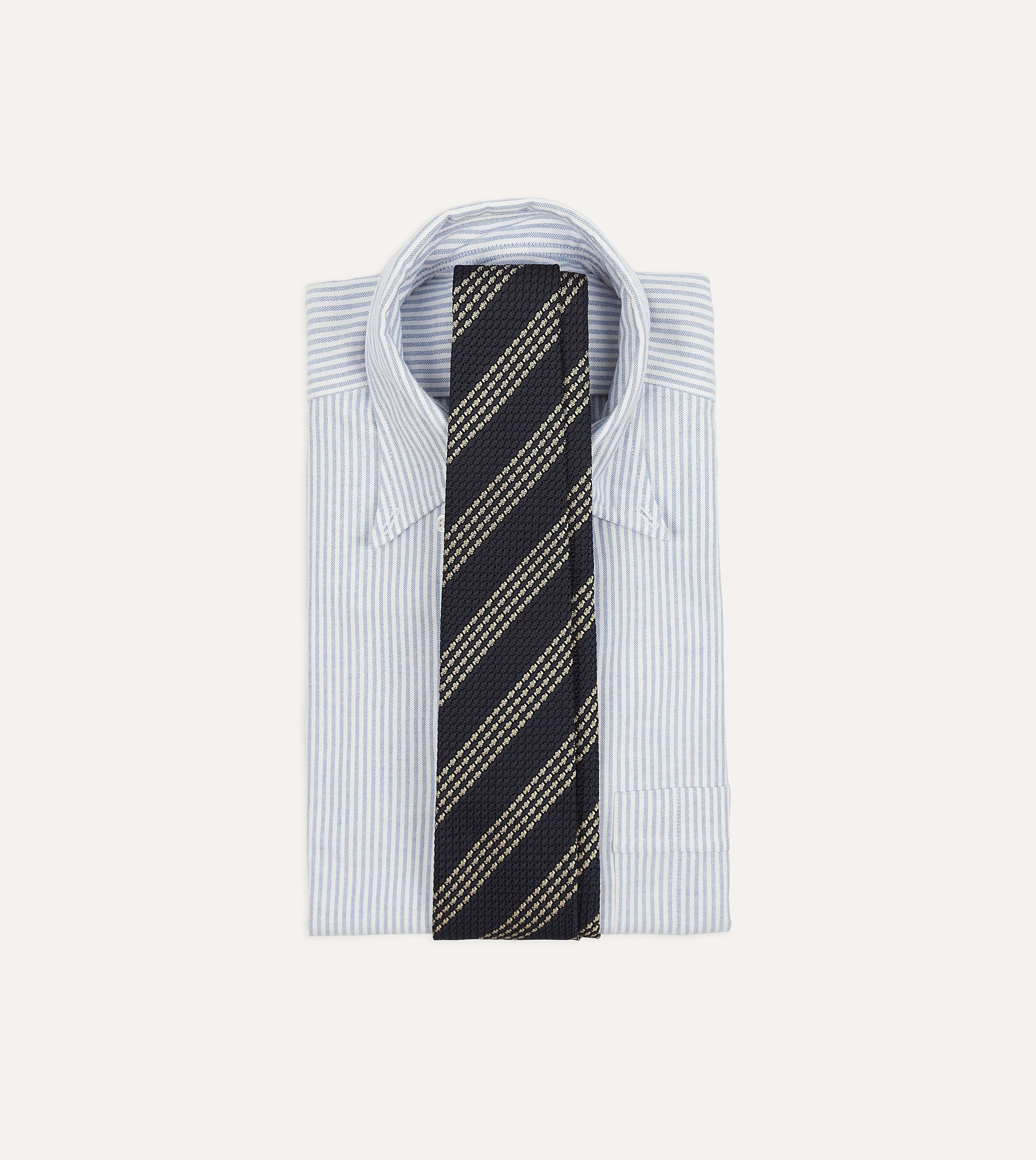 Navy and Silver Stripe Hand Rolled Large Knot Grenadine Tie - Image 2