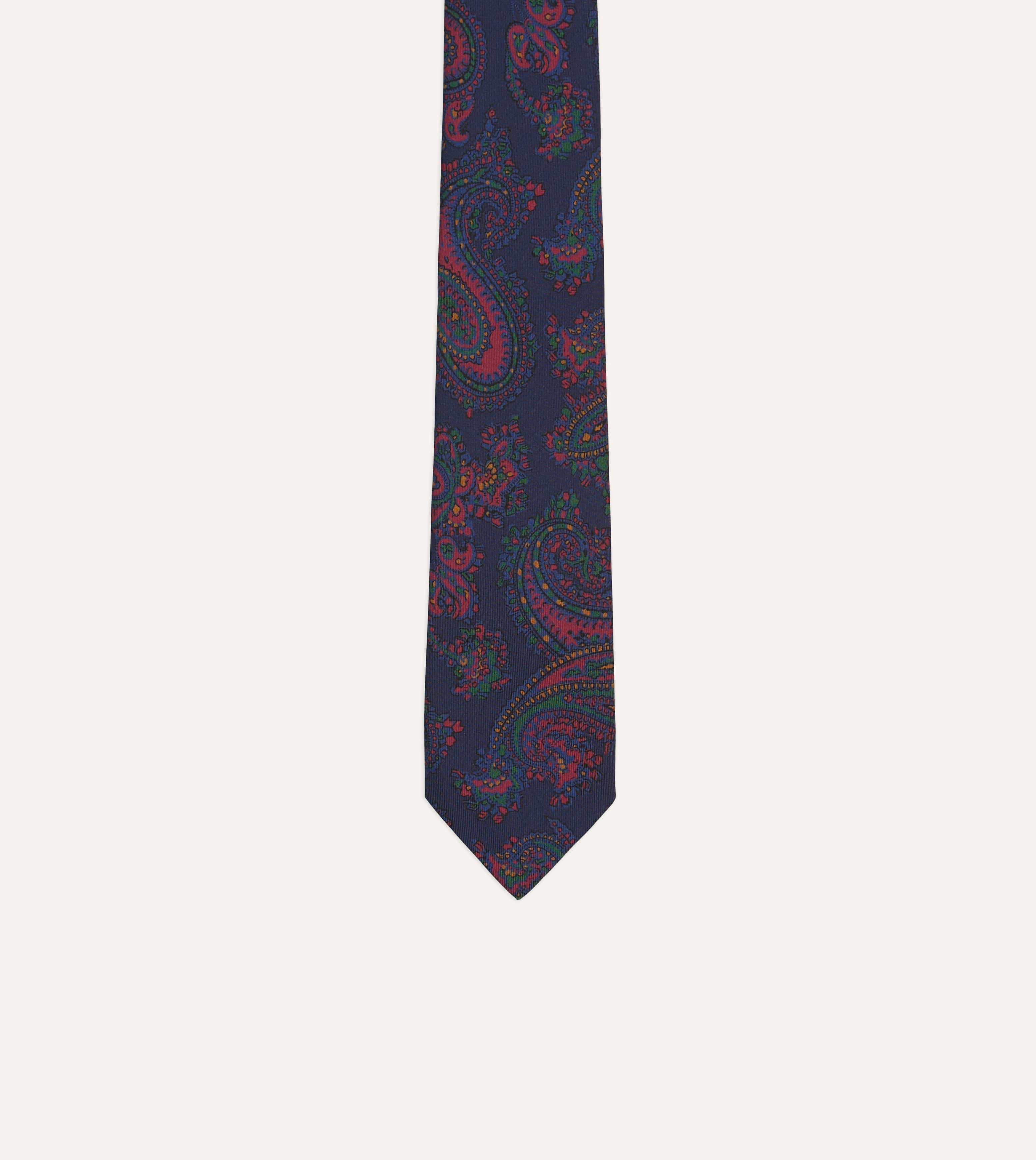 Navy Big Paisley Print Madder Silk Self-Tipped Tie - Image 3