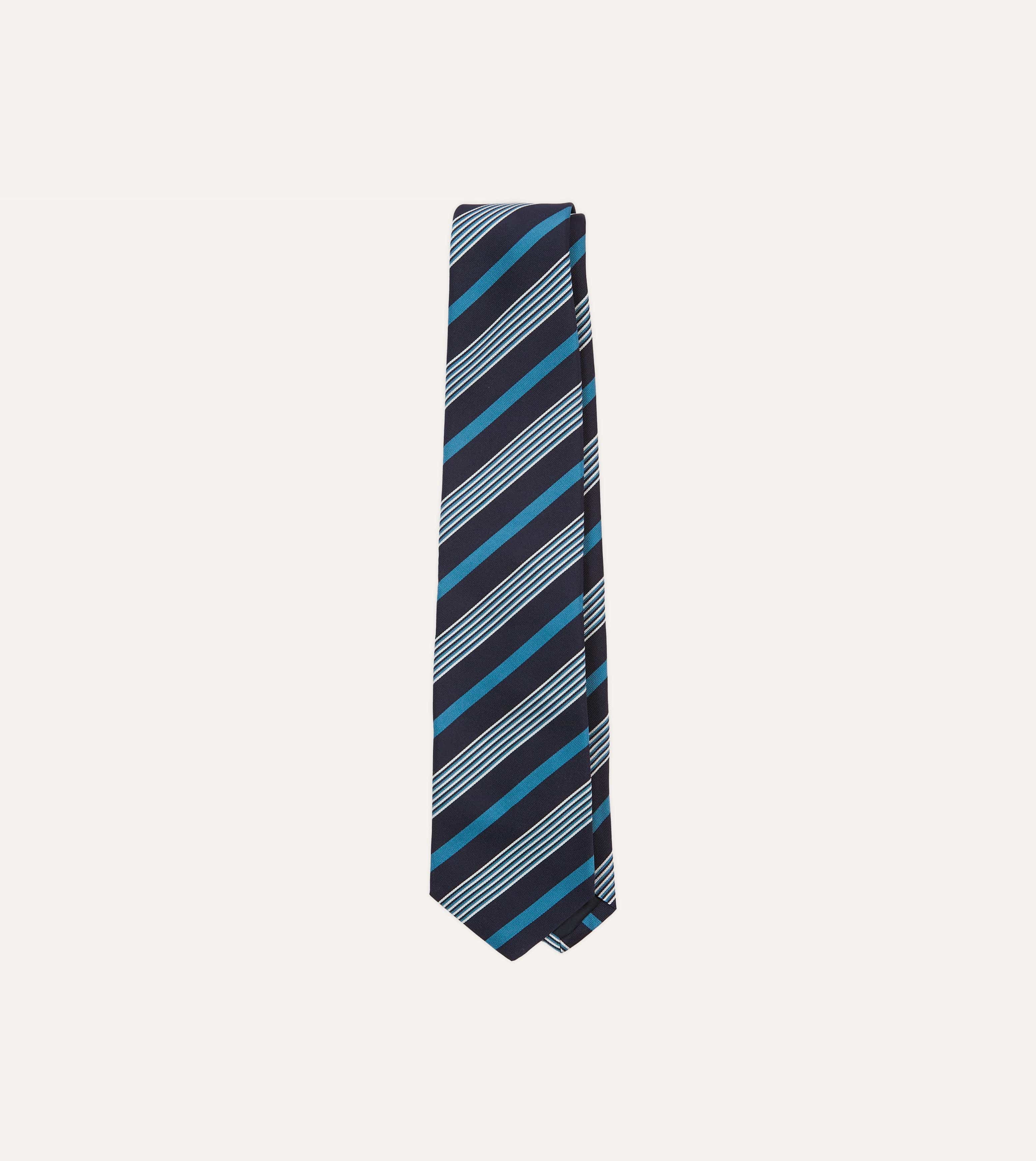 Navy, Blue and White Multi Stripe Mogador Silk Tipped Tie
