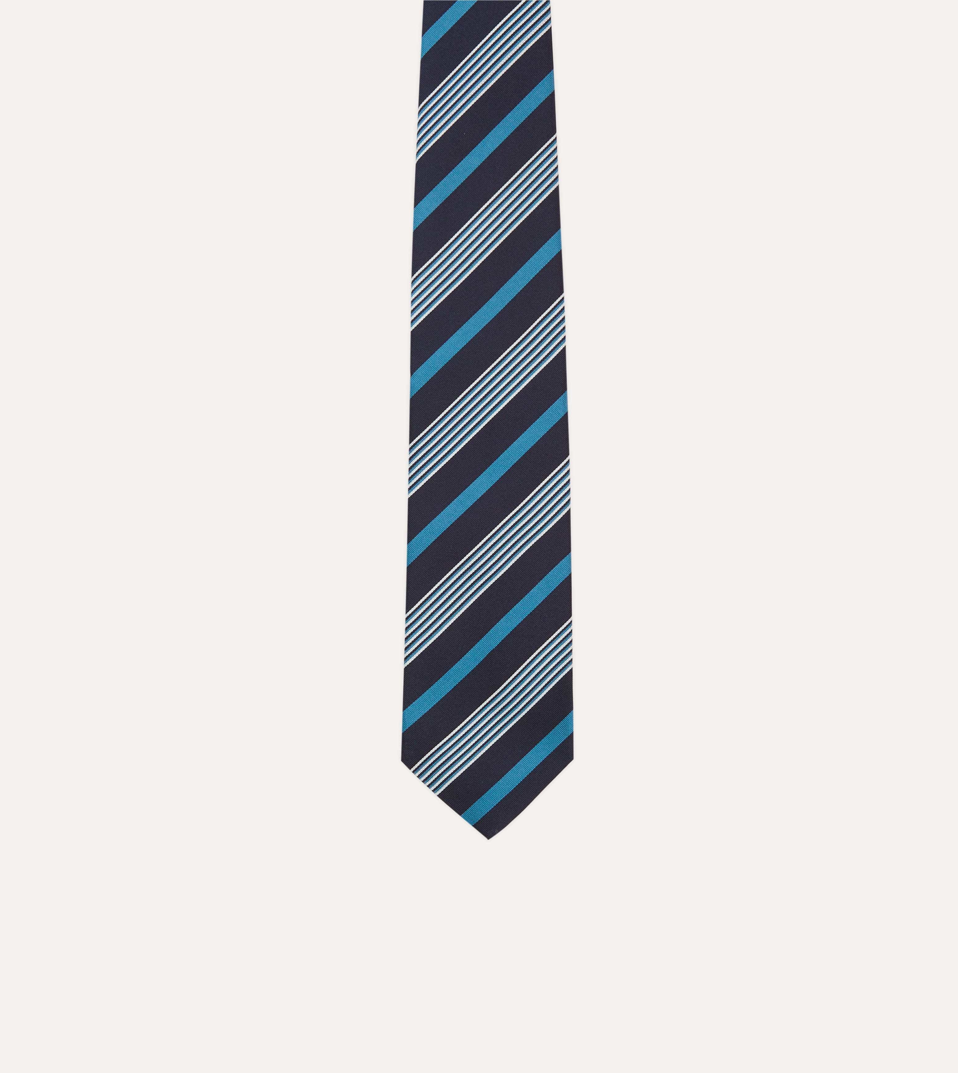 Navy, Blue and White Multi Stripe Mogador Silk Tipped Tie - Image 3