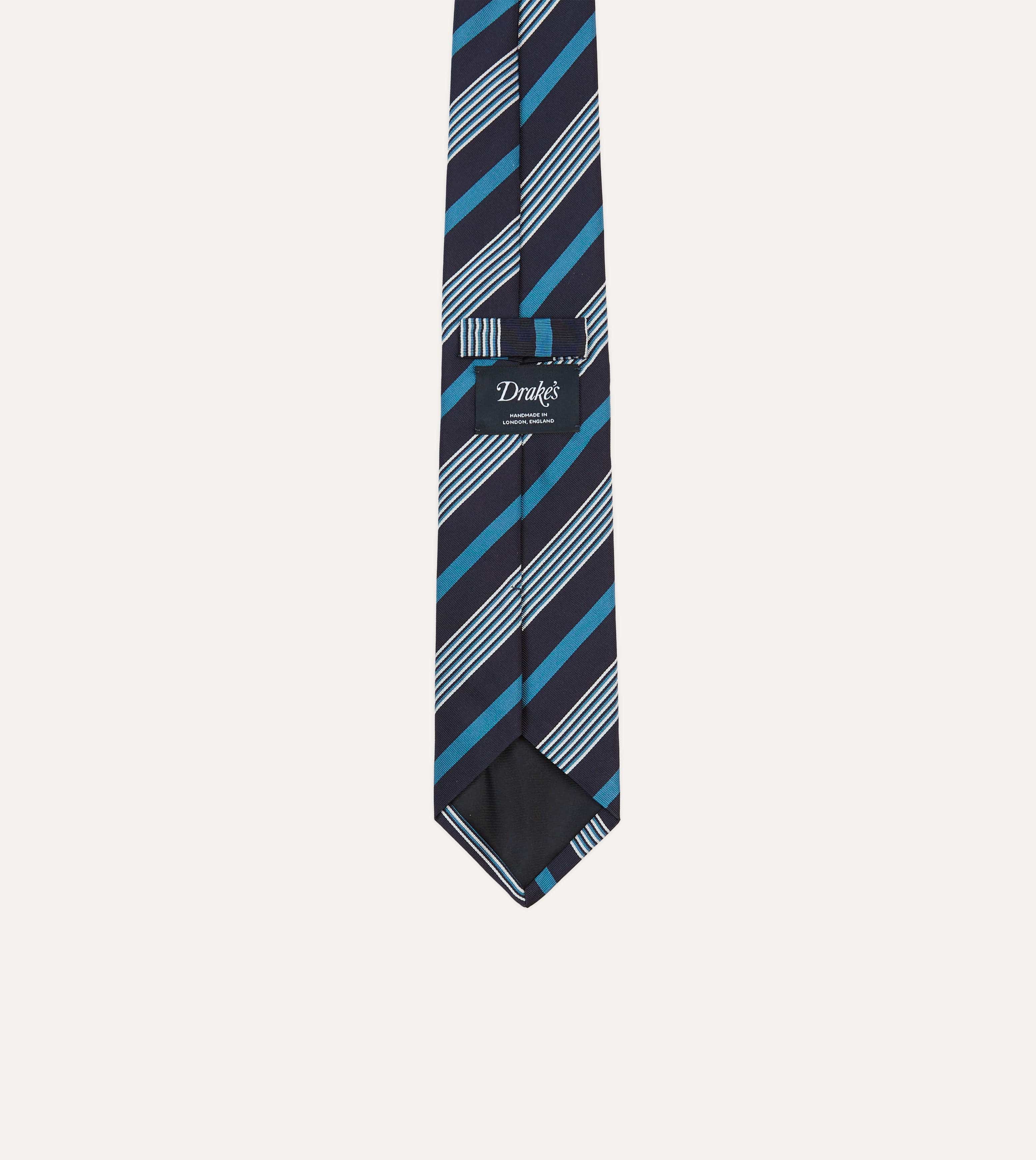 Navy, Blue and White Multi Stripe Mogador Silk Tipped Tie - Image 4
