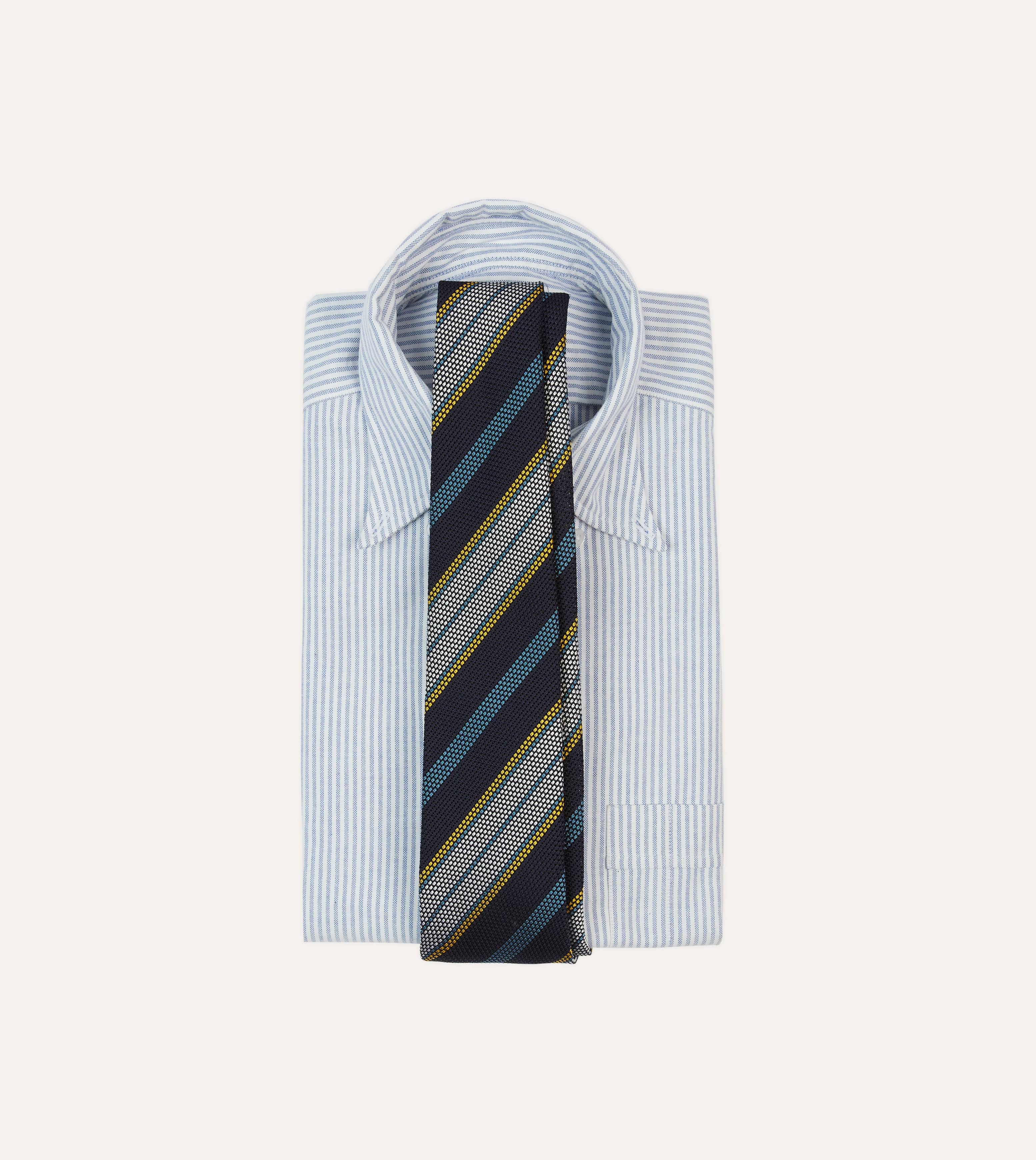 Navy, Blue, Yellow and White Multi Stripe Tipped Silk Grenadine Tie - Image 2