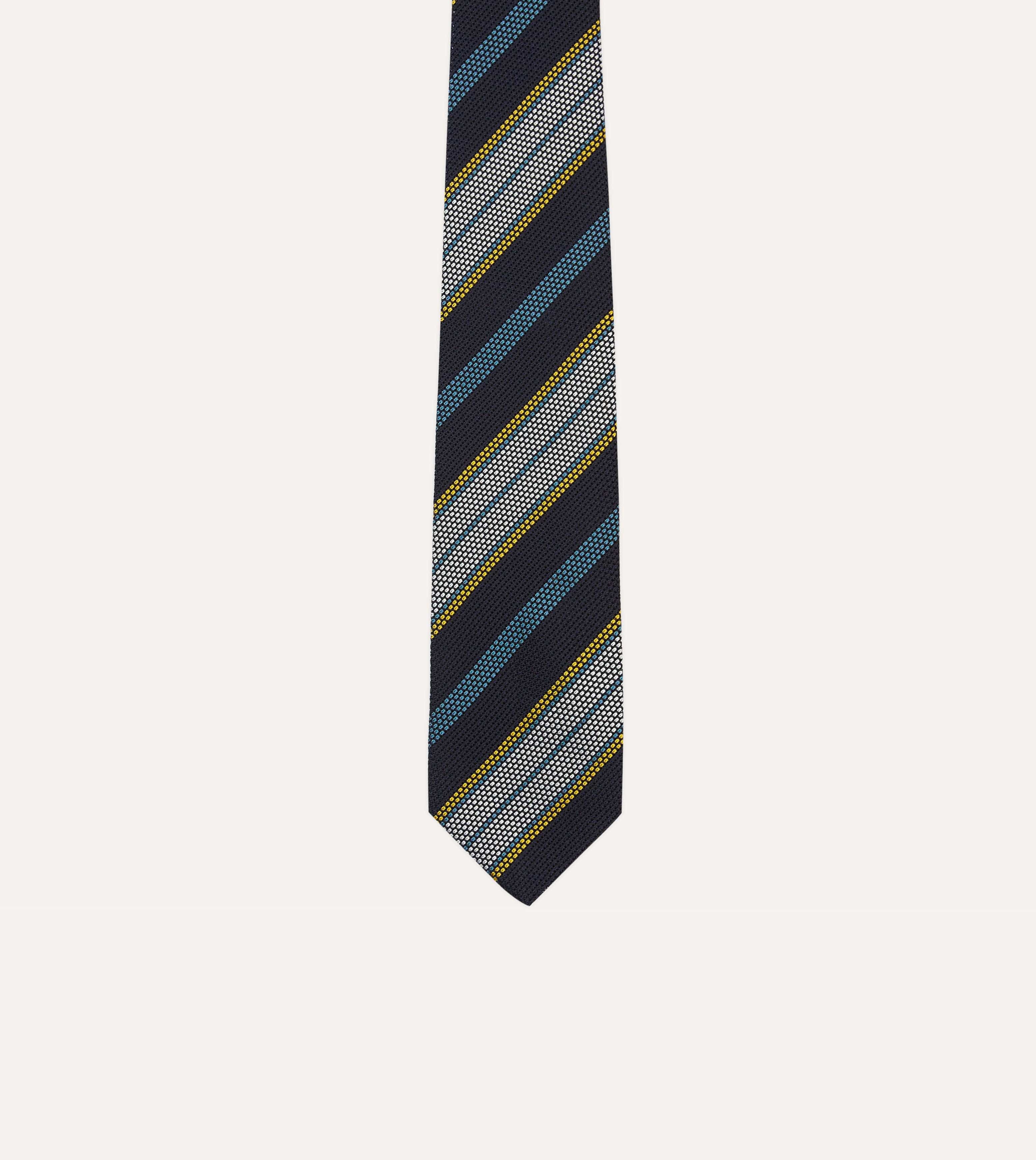 Navy, Blue, Yellow and White Multi Stripe Tipped Silk Grenadine Tie - Image 3
