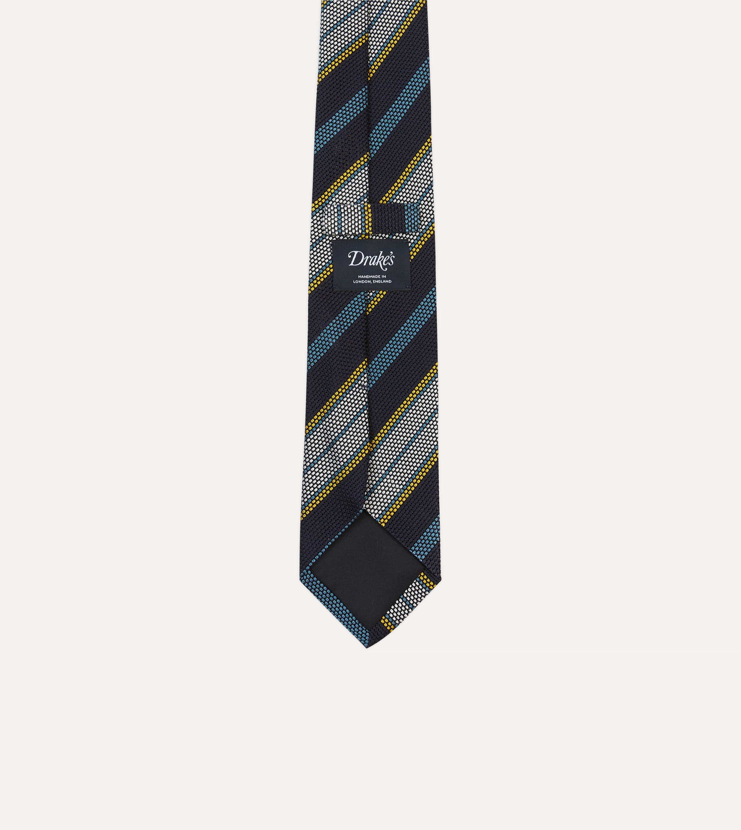 Navy, Blue, Yellow and White Multi Stripe Tipped Silk Grenadine Tie - Image 4