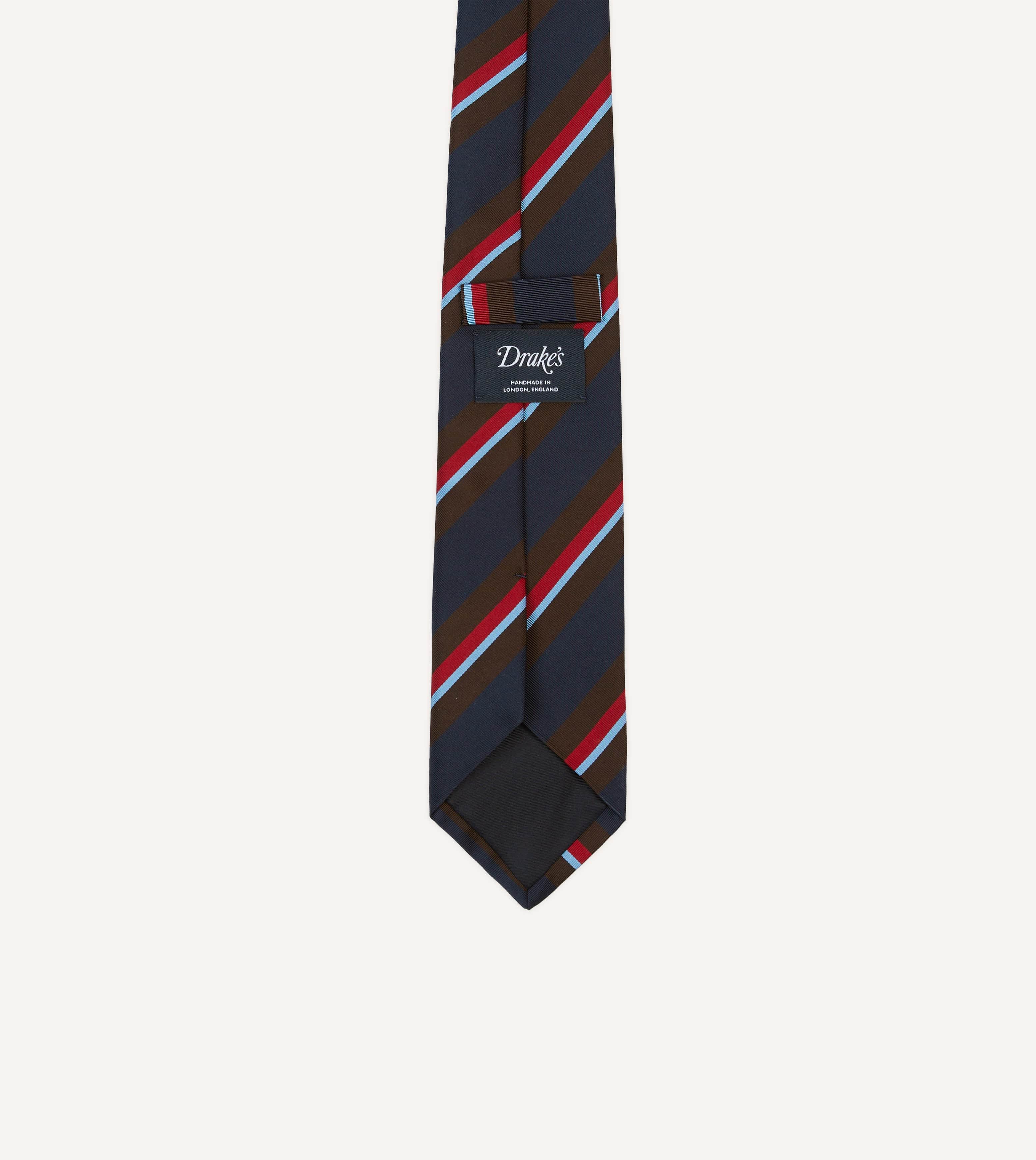 Navy, Brown and Red Stripe Mogador Silk Tipped Tie - Image 4