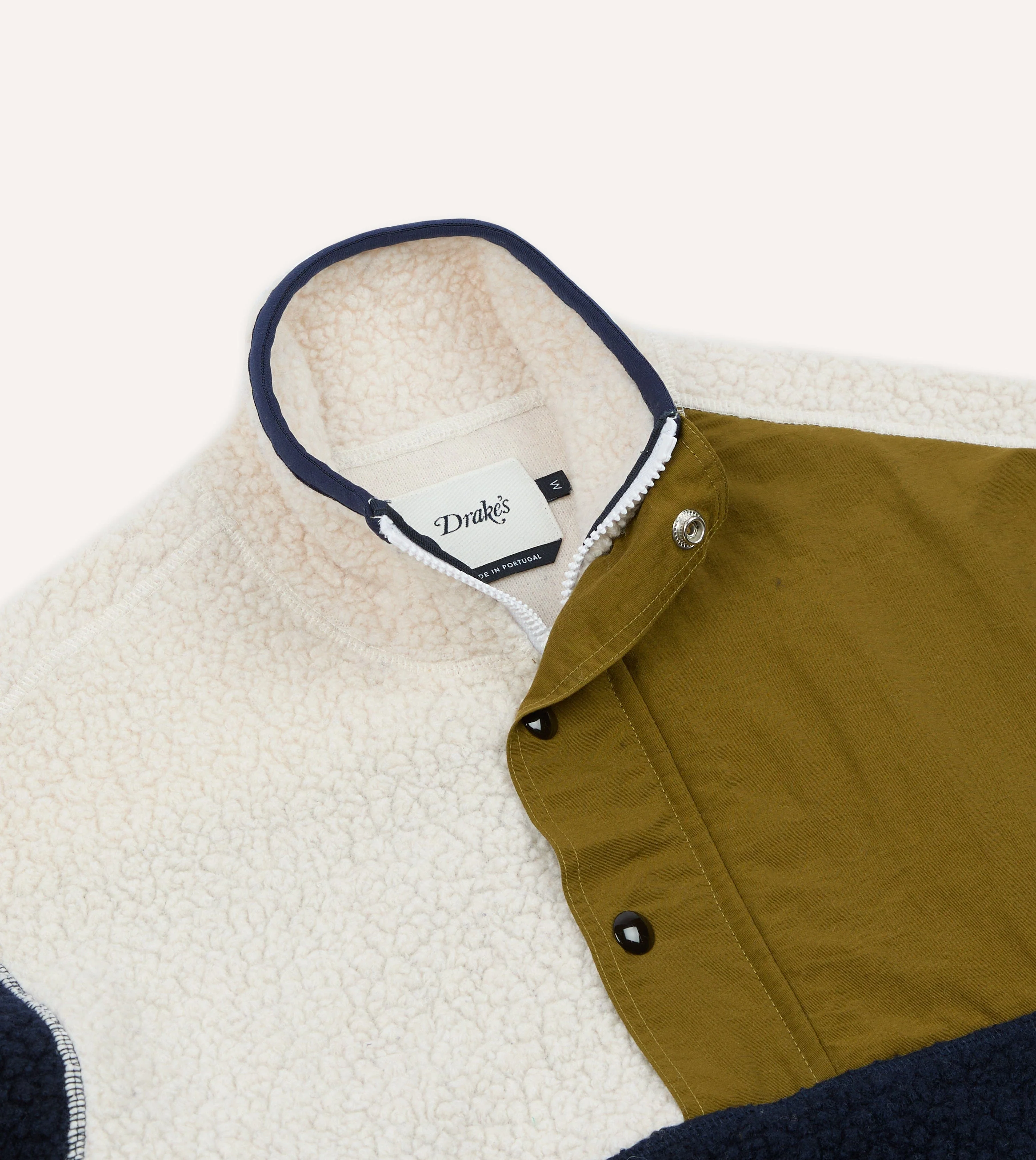 Navy, Ecru and Khaki Boucle Wool Half-Zip Fleece Jacket - Image 3