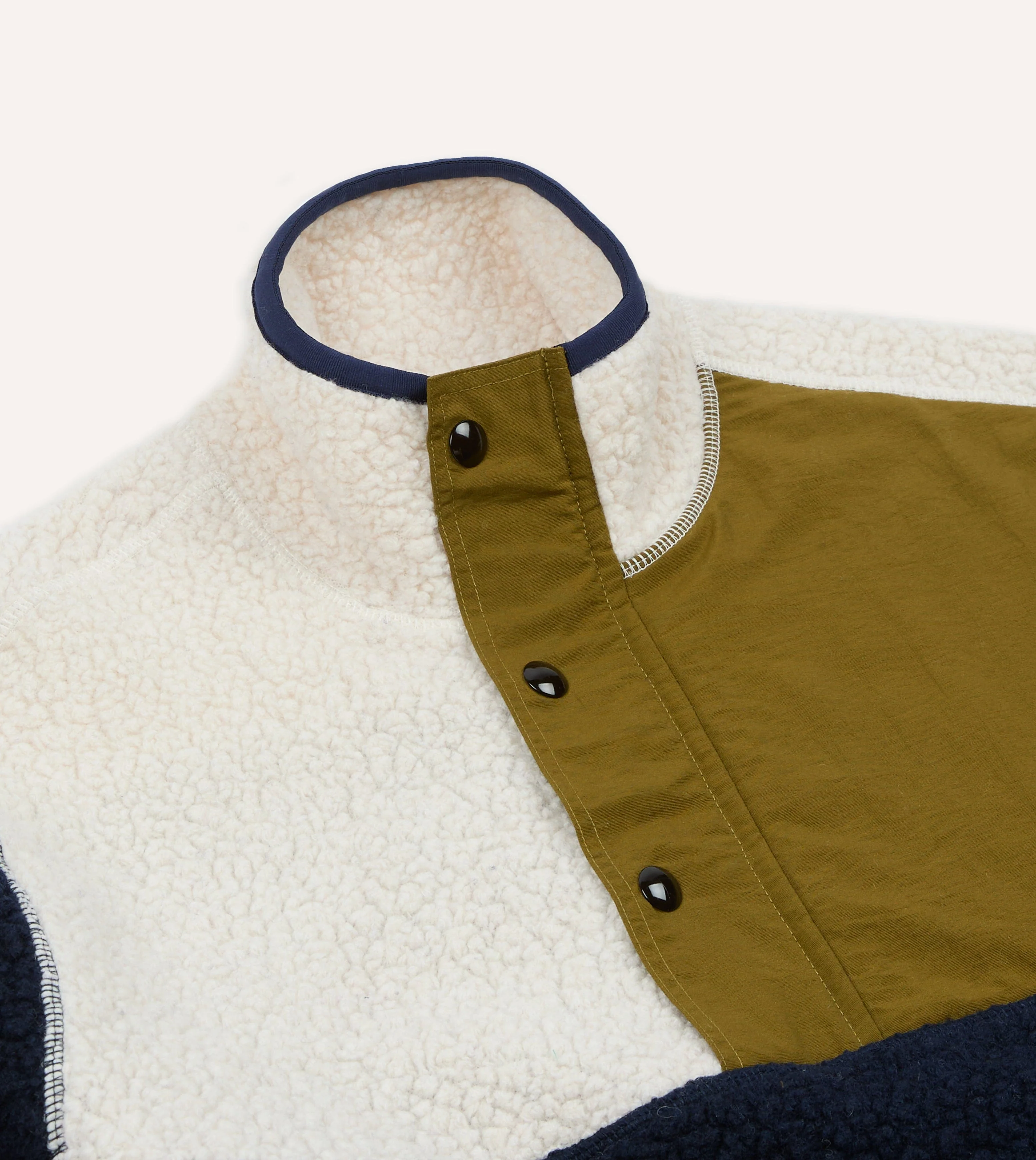 Navy, Ecru and Khaki Boucle Wool Half-Zip Fleece Jacket - Image 4
