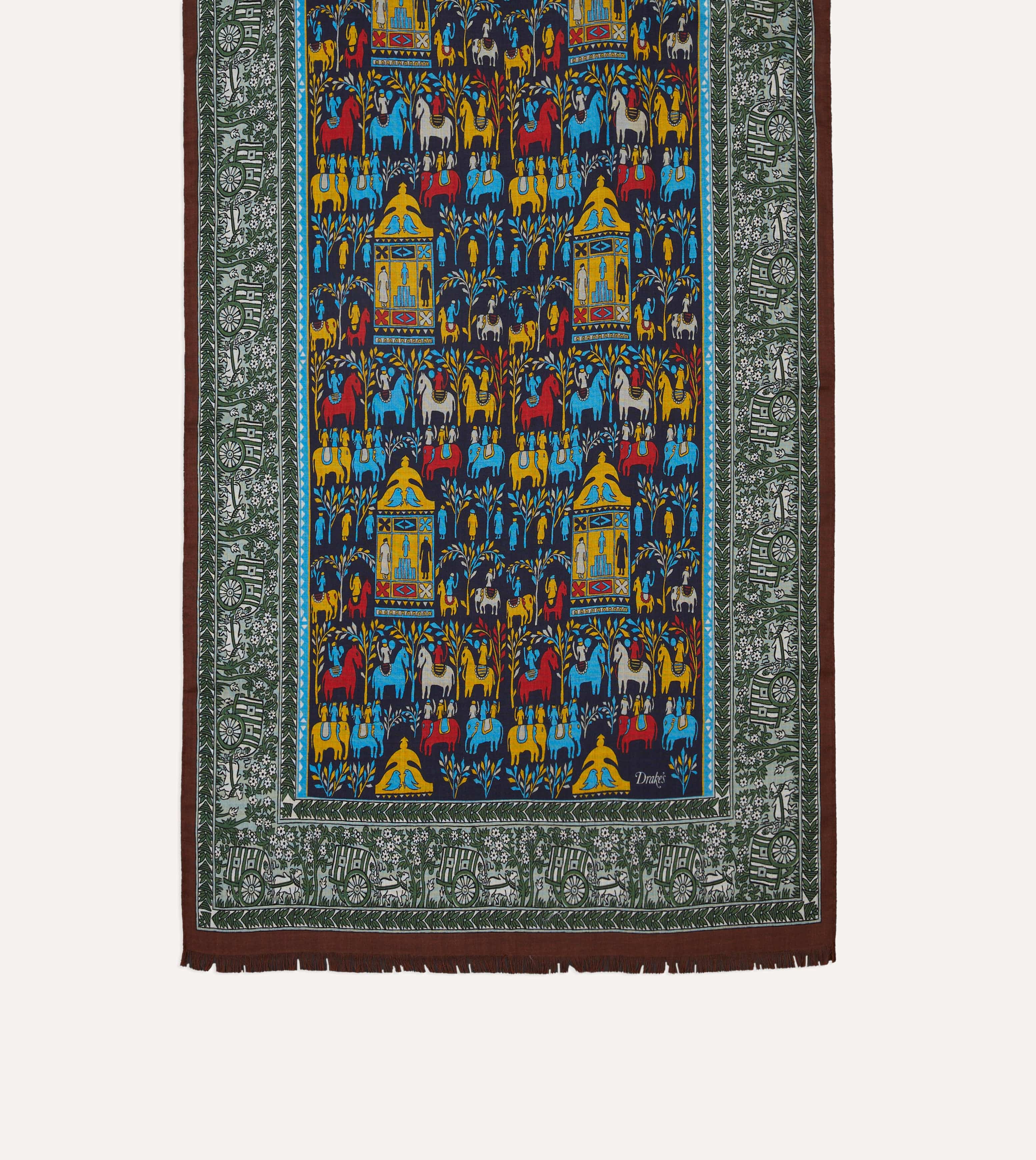 Navy Elephant Village Print Wool-Silk Scarf - Image 3