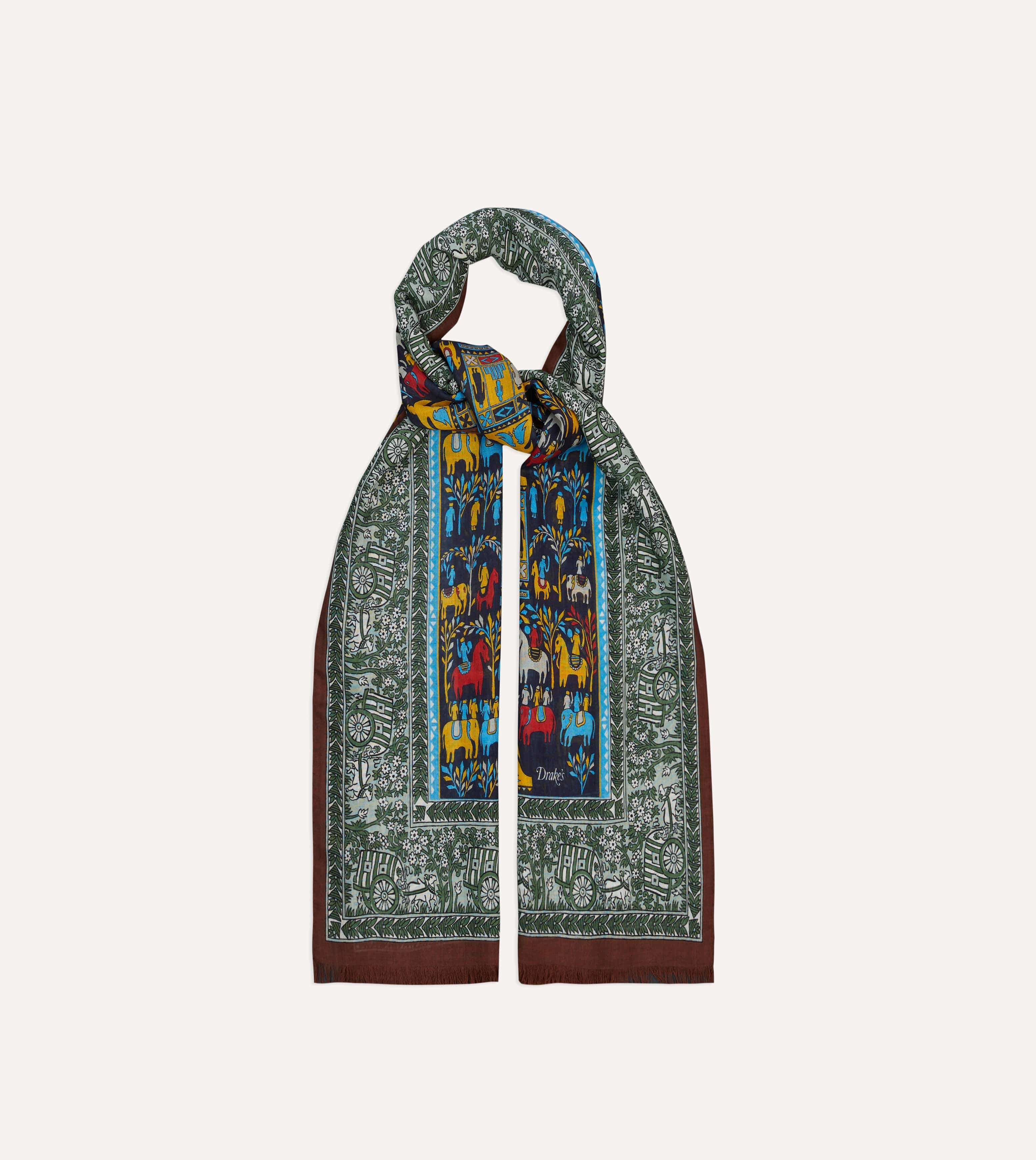 Navy Elephant Village Print Wool-Silk Scarf - Image 4