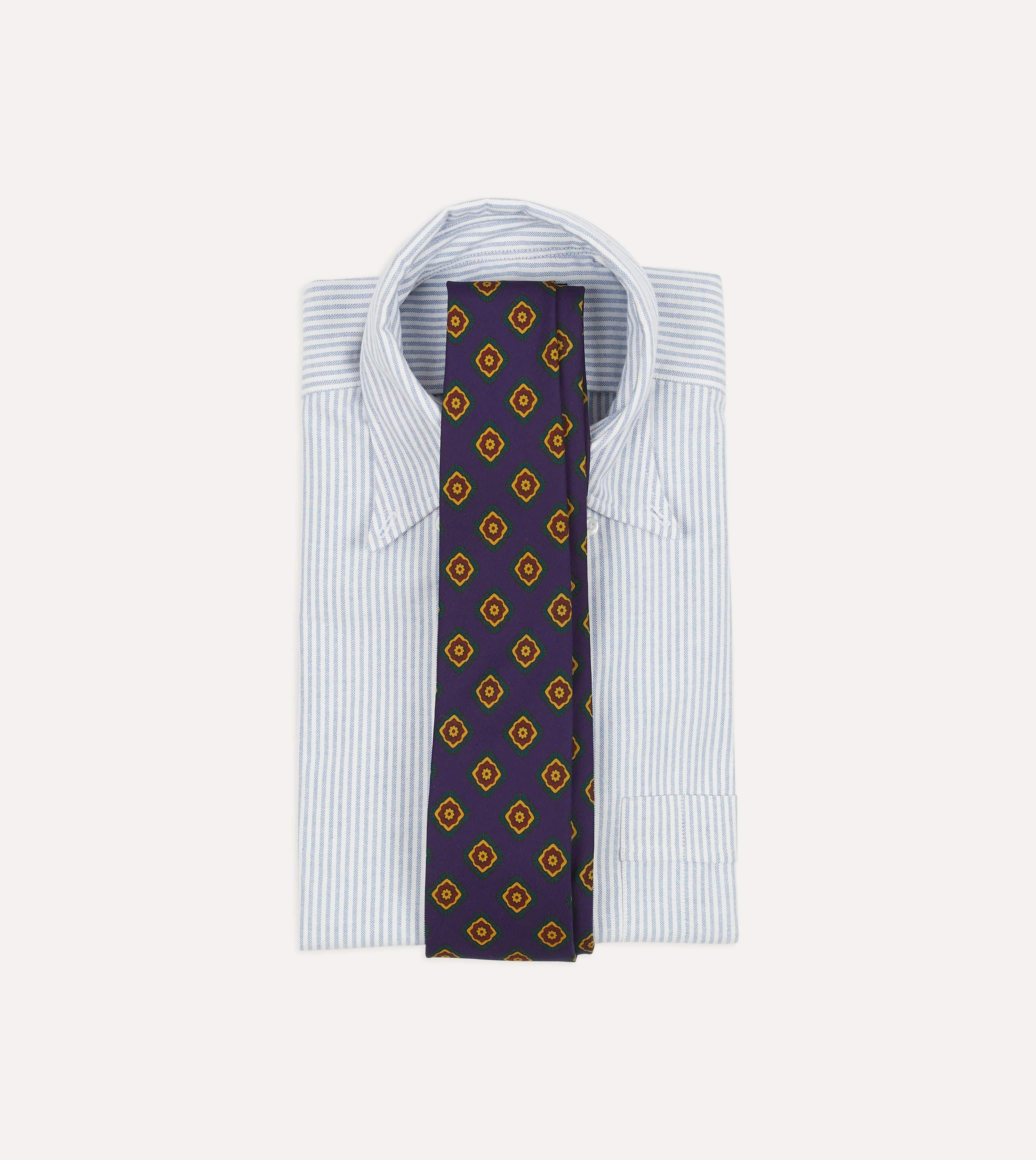 Navy Flower Medallion Print Madder Silk Self Tipped Tie - Image 2