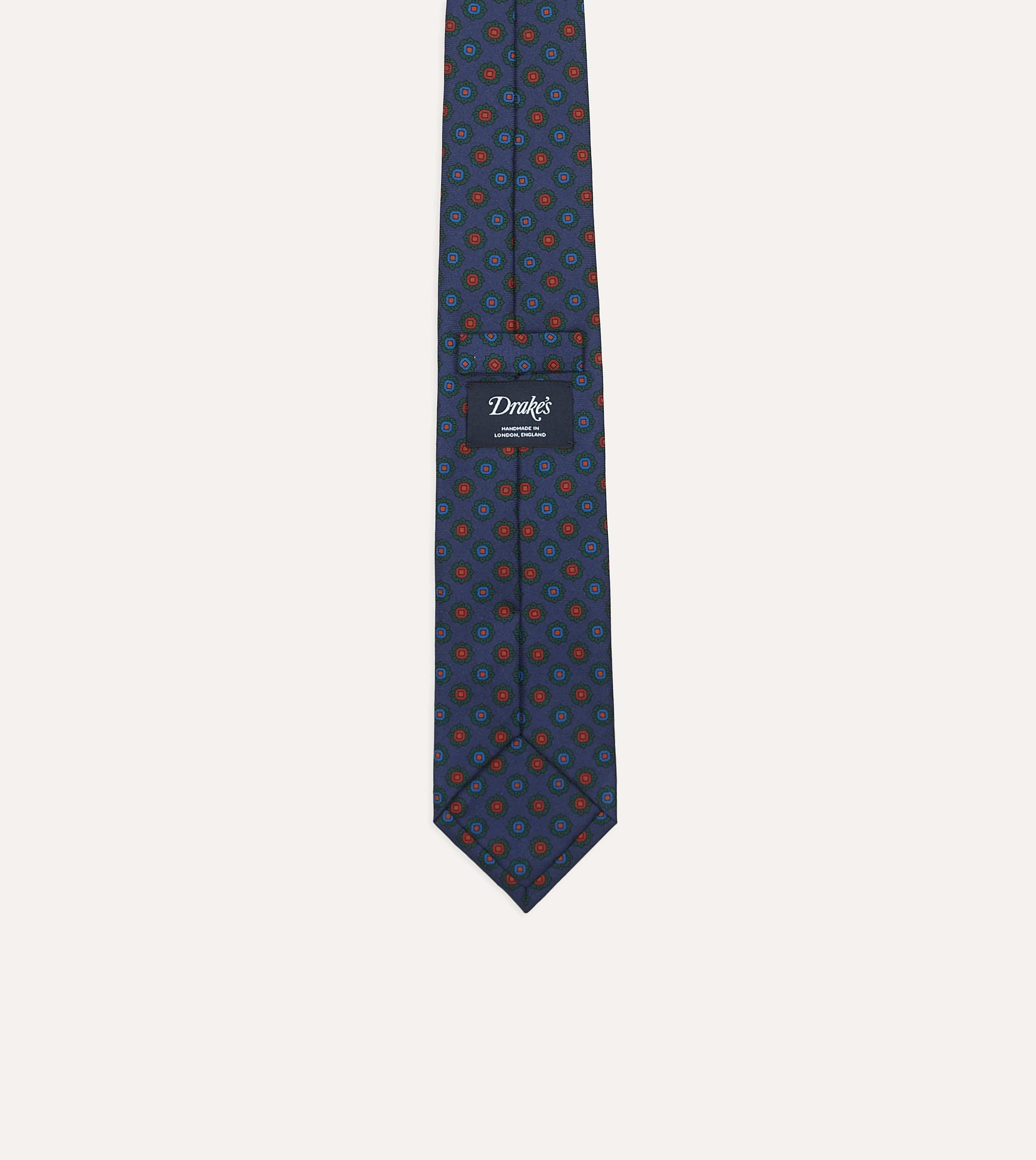 Navy Flower Medallion Print Silk Twill Self Tipped Tie - Image 4