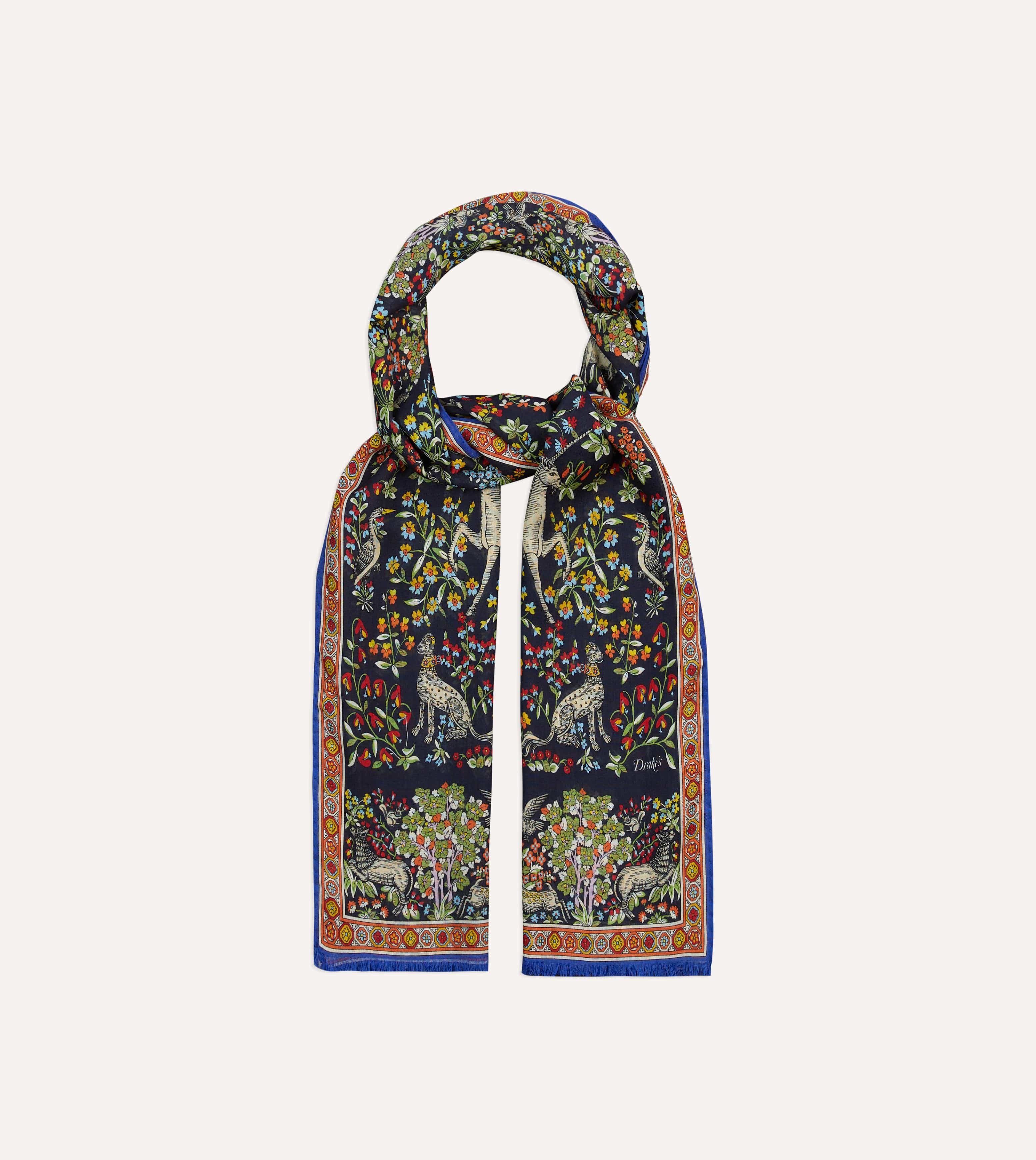 Navy Forest Animals Print Wool-Silk Scarf - Image 4