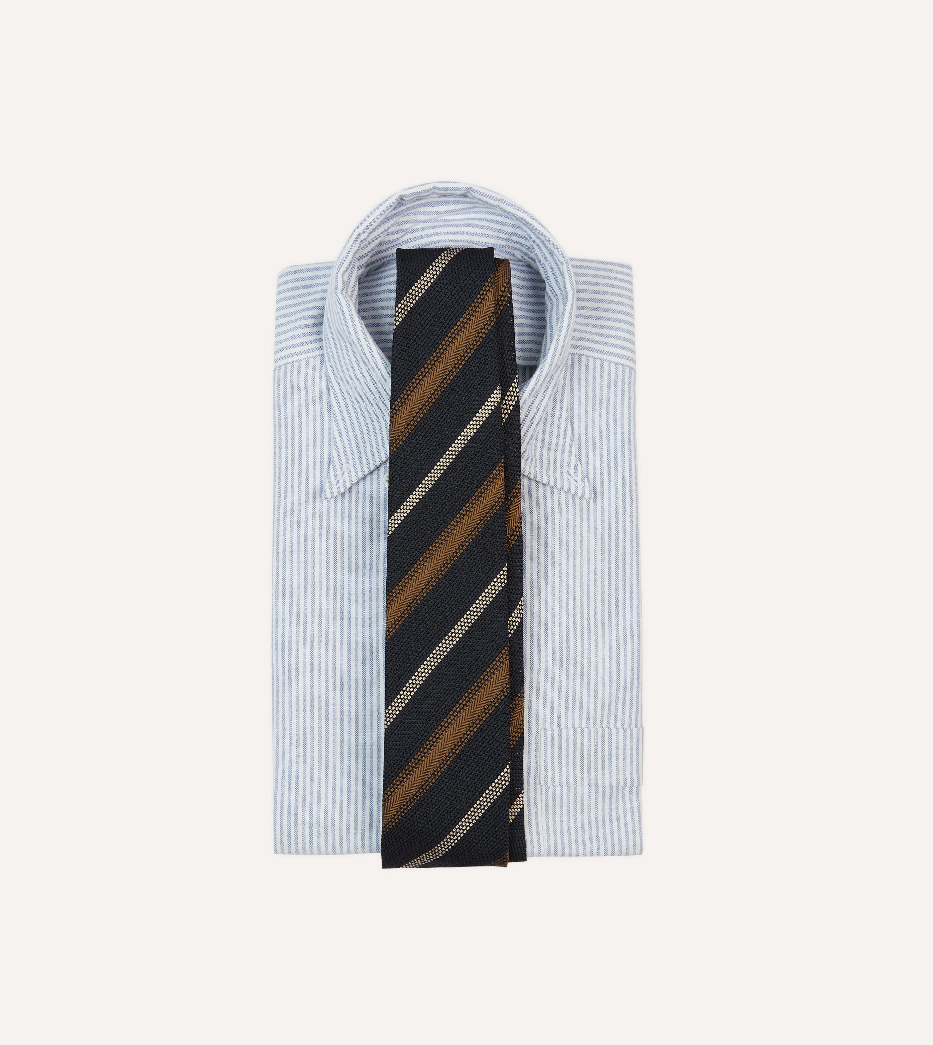Navy, Gold and Ecru Stripe Hand Rolled Silk Grenadine Tie - Image 2