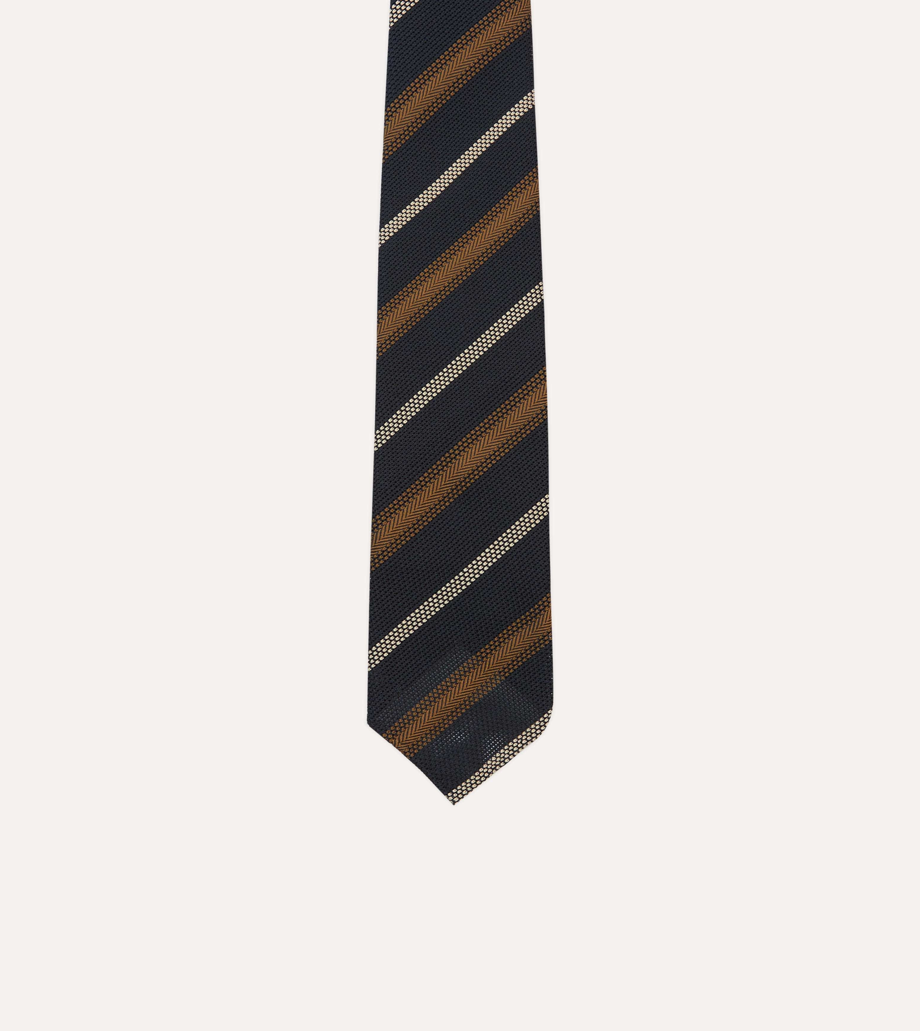 Navy, Gold and Ecru Stripe Hand Rolled Silk Grenadine Tie - Image 3