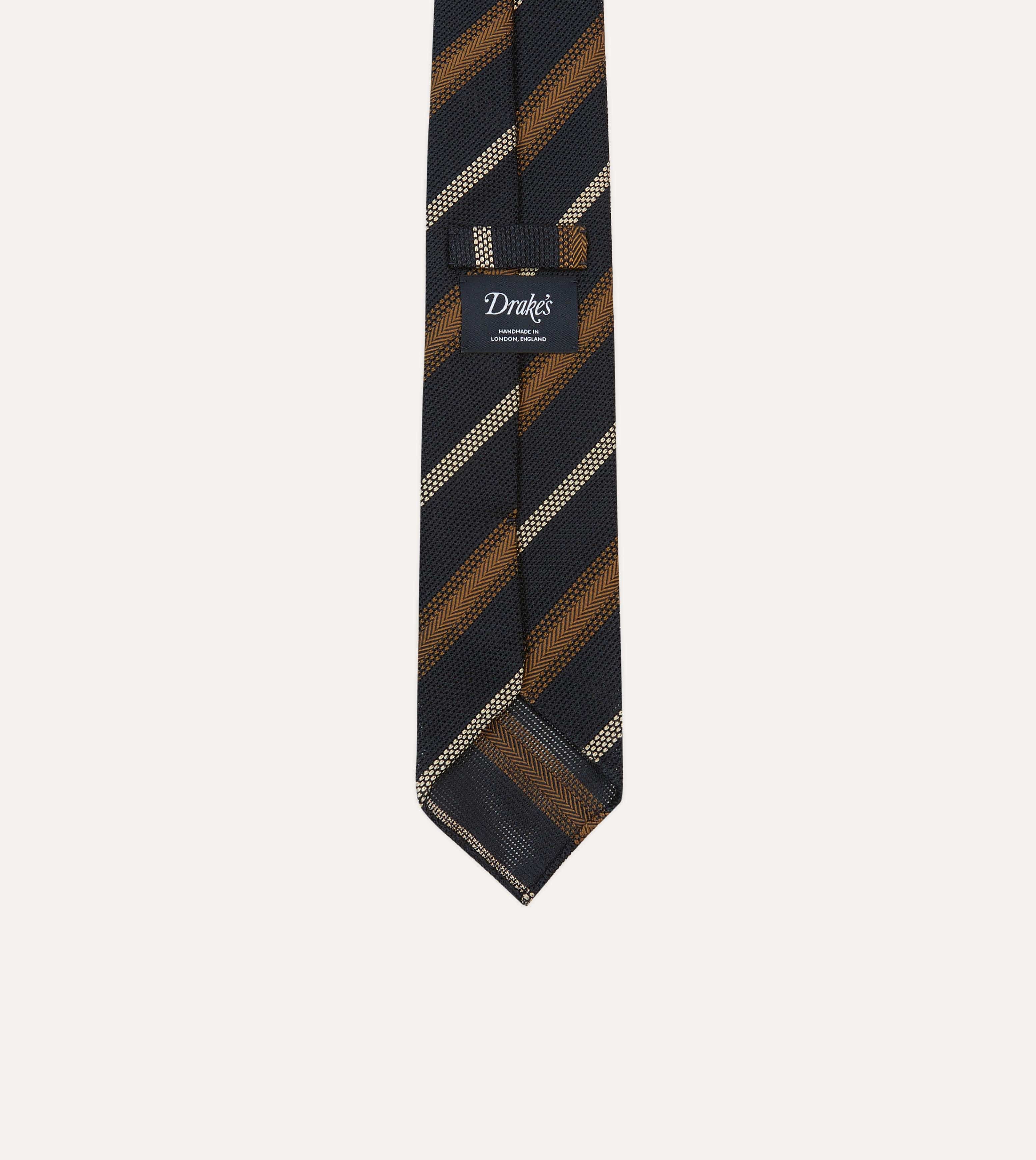 Navy, Gold and Ecru Stripe Hand Rolled Silk Grenadine Tie - Image 4