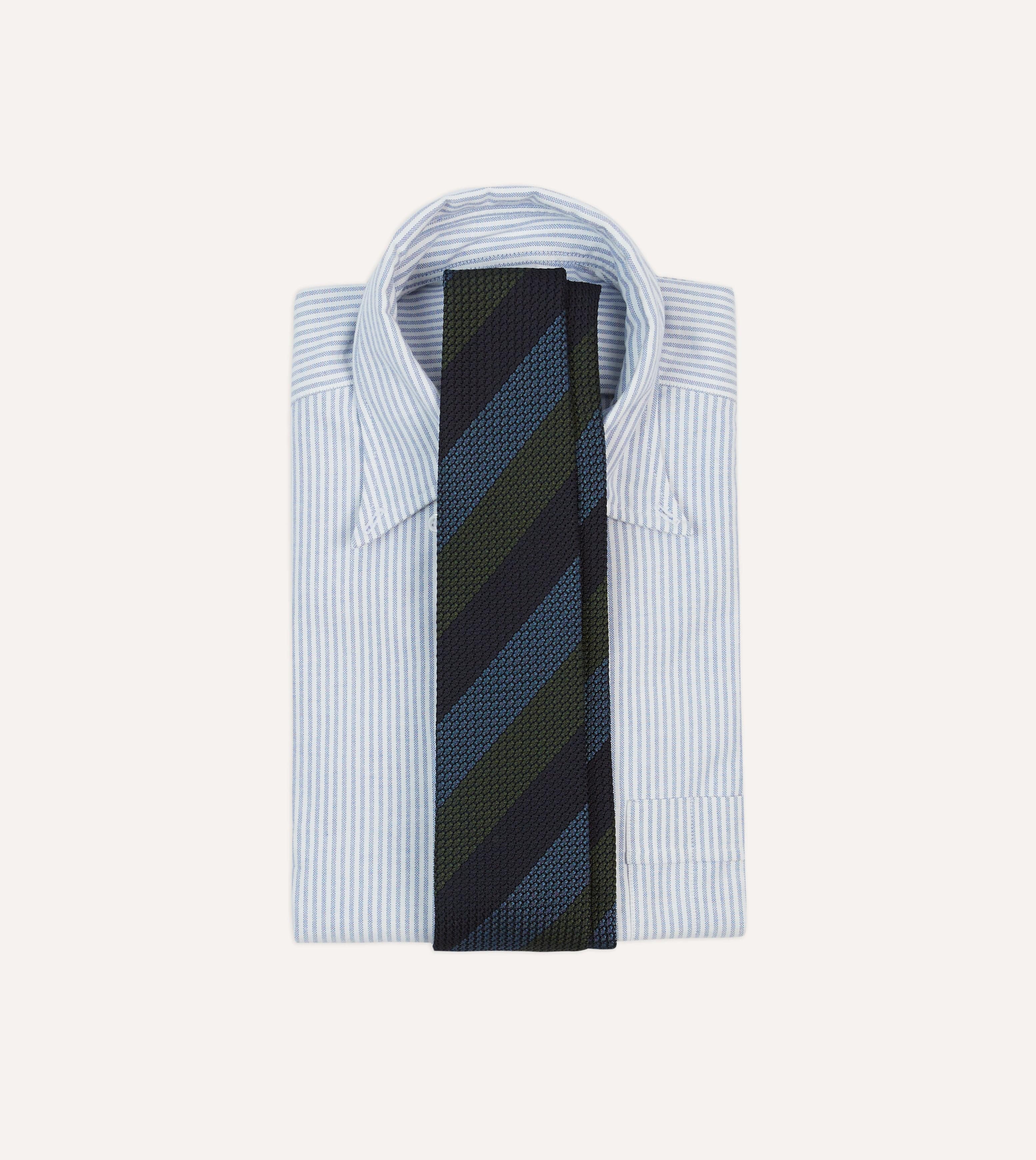 Navy, Green and Blue Block Stripe Hand Rolled Silk Grenadine Tie - Image 2