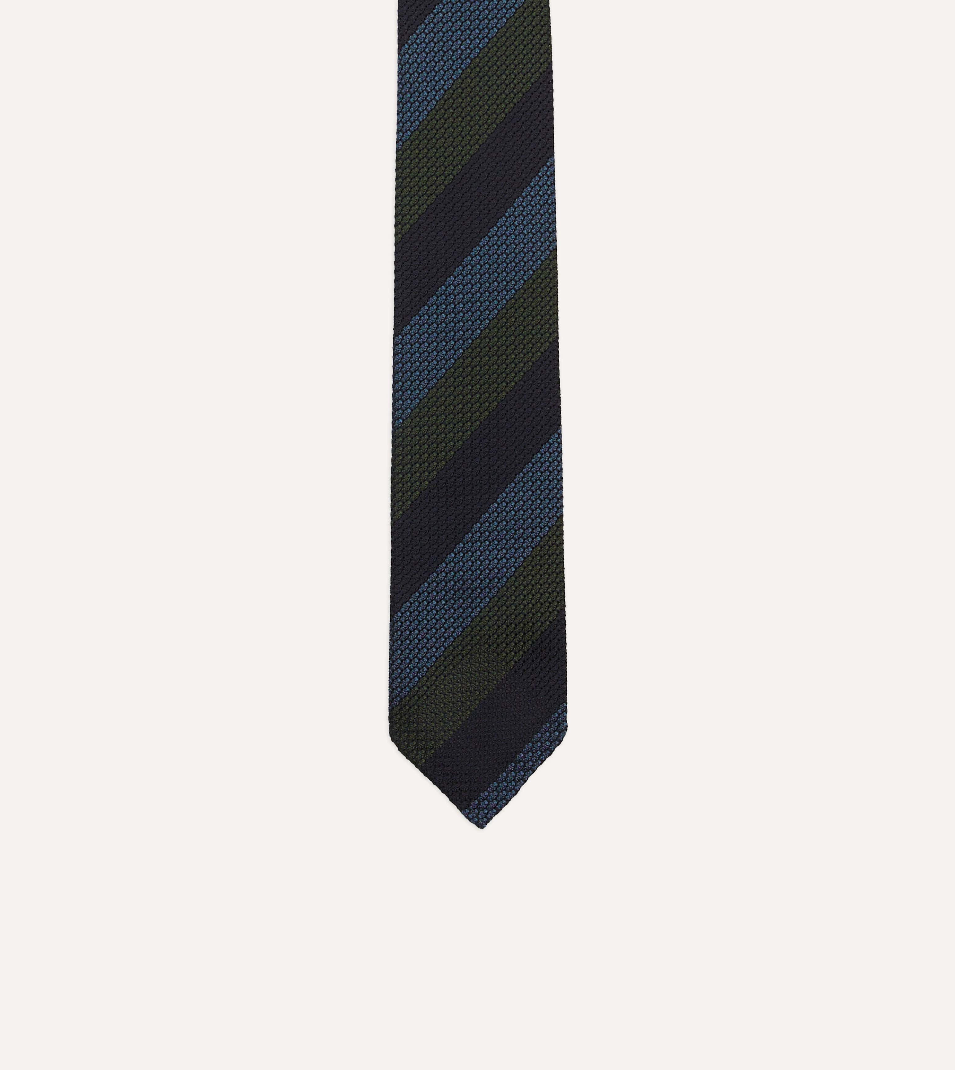 Navy, Green and Blue Block Stripe Hand Rolled Silk Grenadine Tie - Image 3