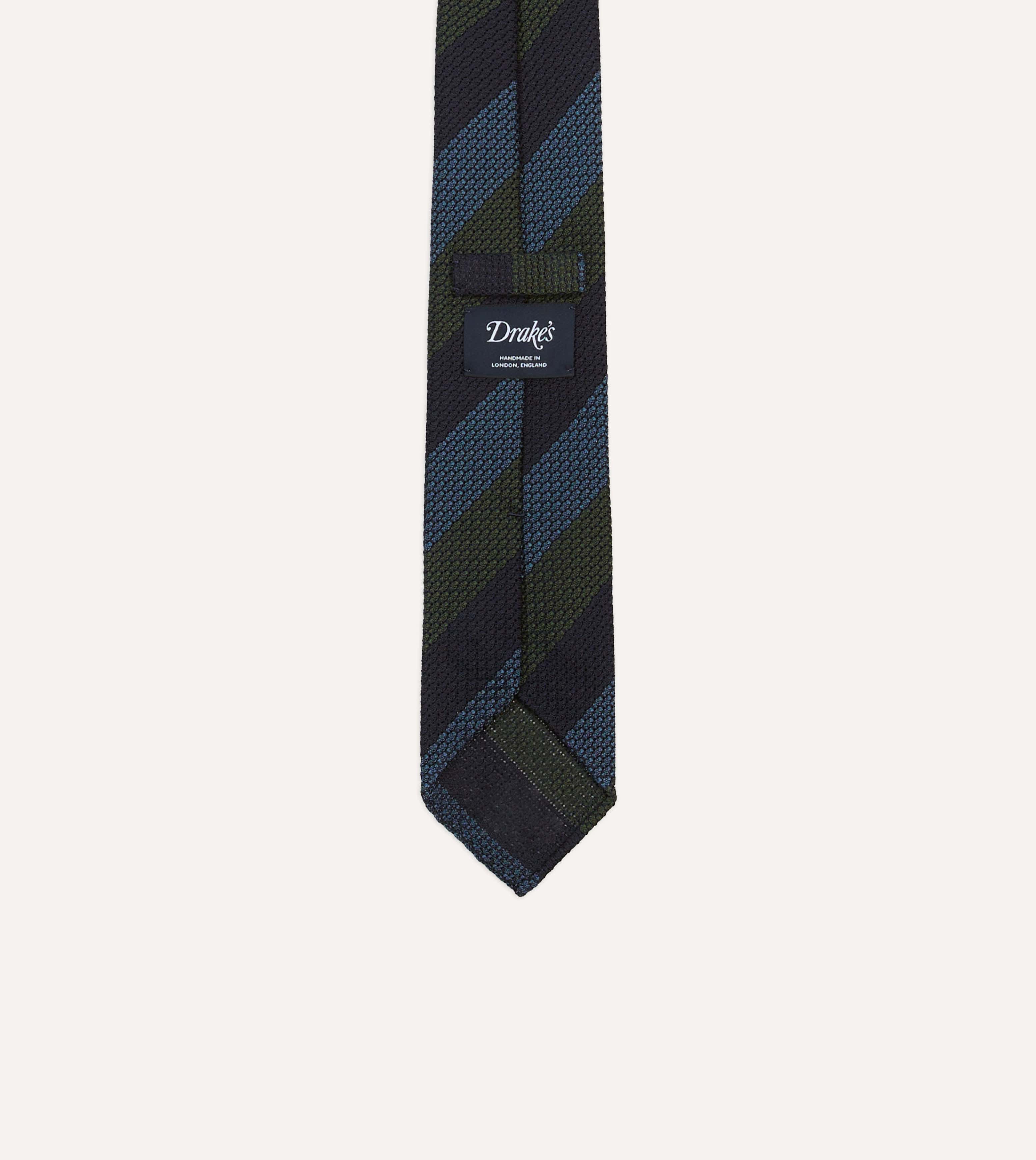 Navy, Green and Blue Block Stripe Hand Rolled Silk Grenadine Tie - Image 4
