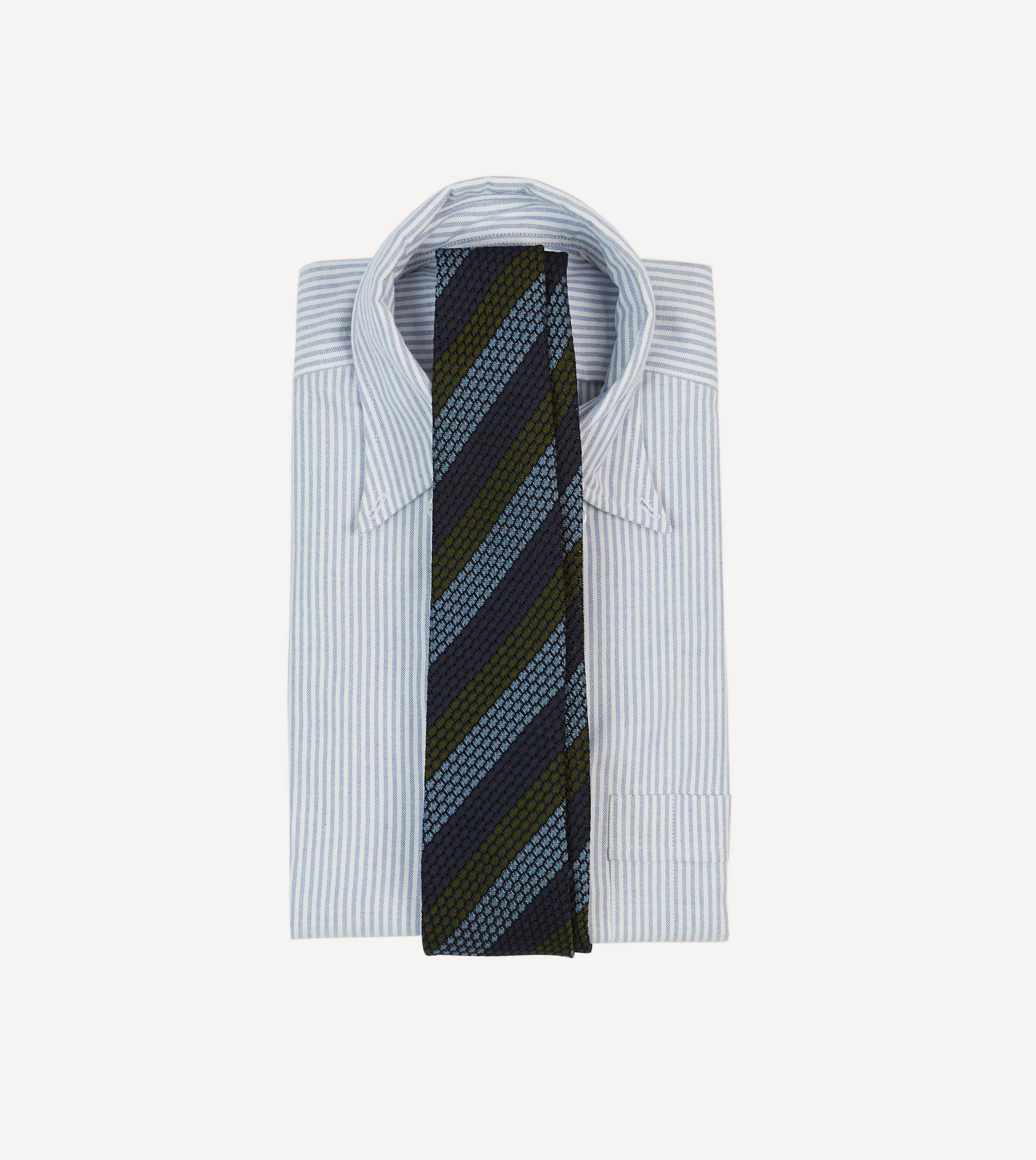Navy, Green and Blue Block Stripe Hand Rolled Silk Grenadine Tie - Image 2