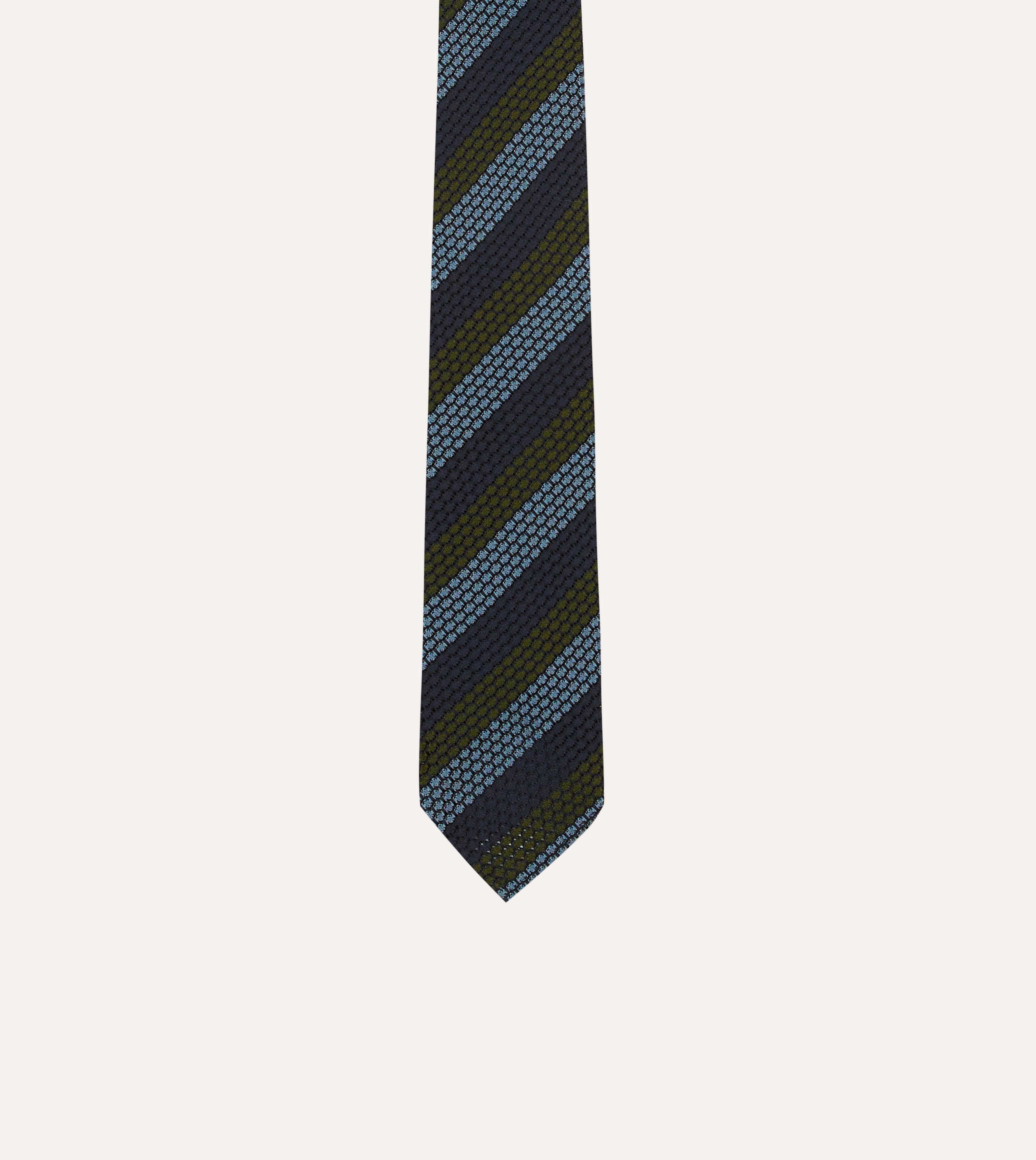 Navy, Green and Blue Block Stripe Hand Rolled Silk Grenadine Tie - Image 3