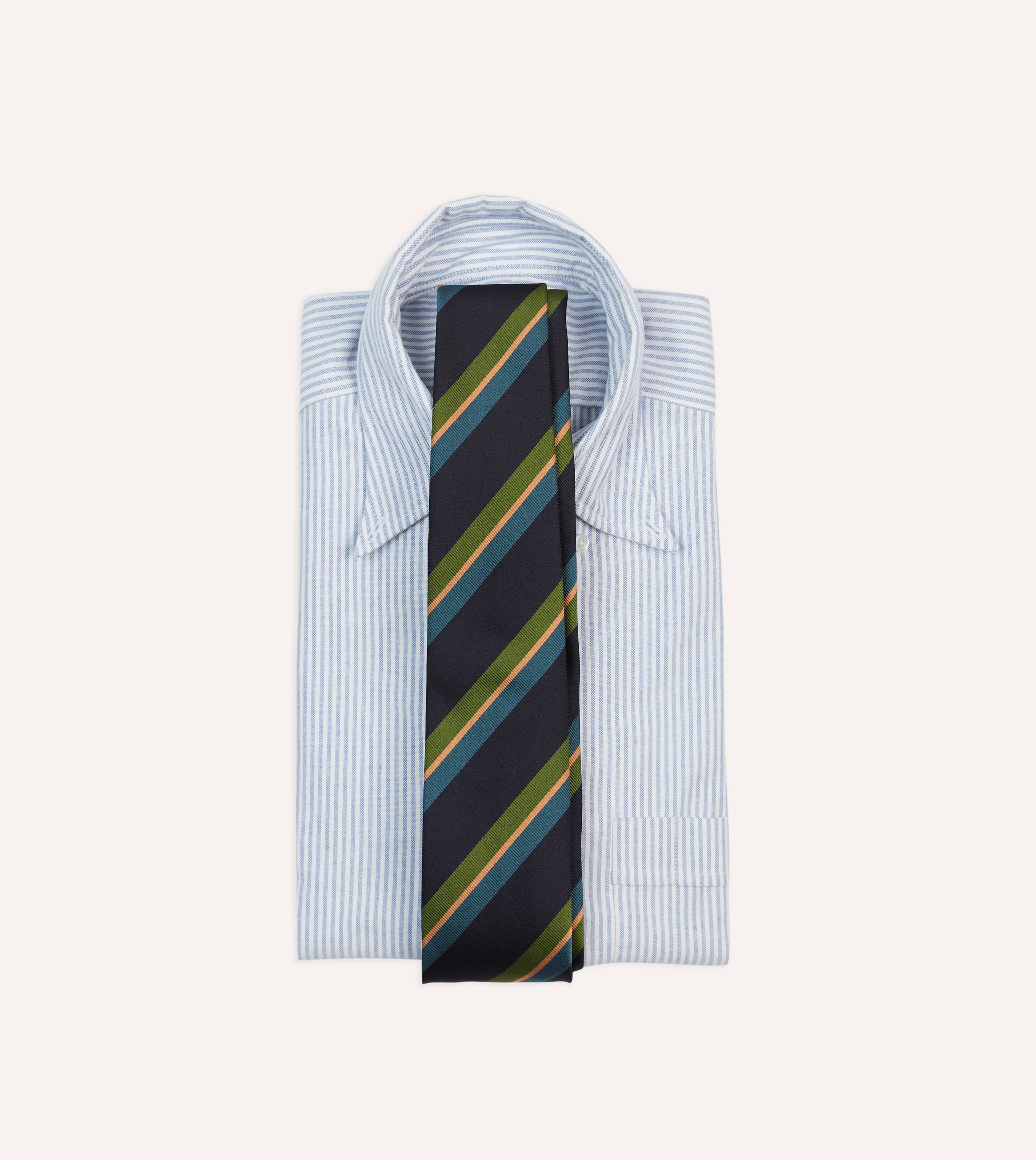 Navy, Green and Blue Sandwich Stripe Repp Silk Tipped Tie - Image 2