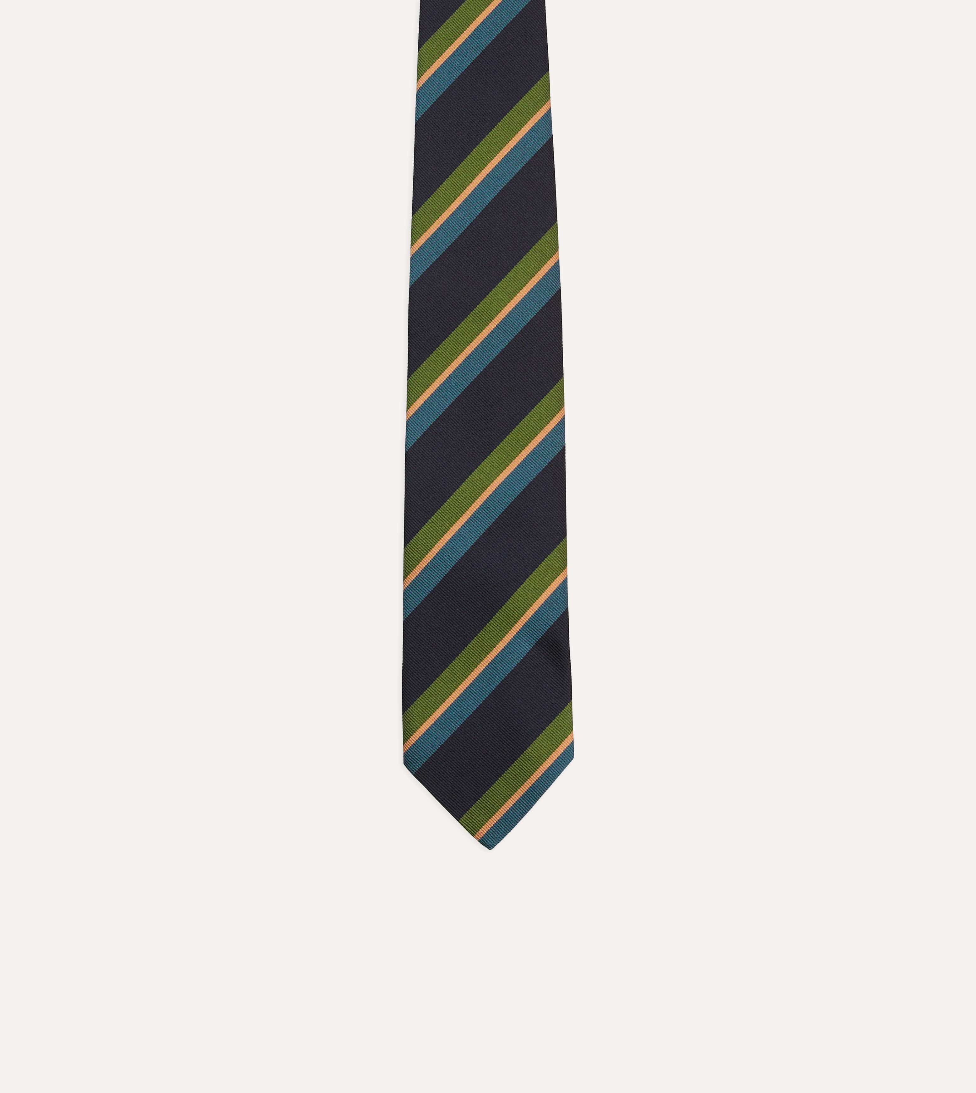 Navy, Green and Blue Sandwich Stripe Repp Silk Tipped Tie - Image 3