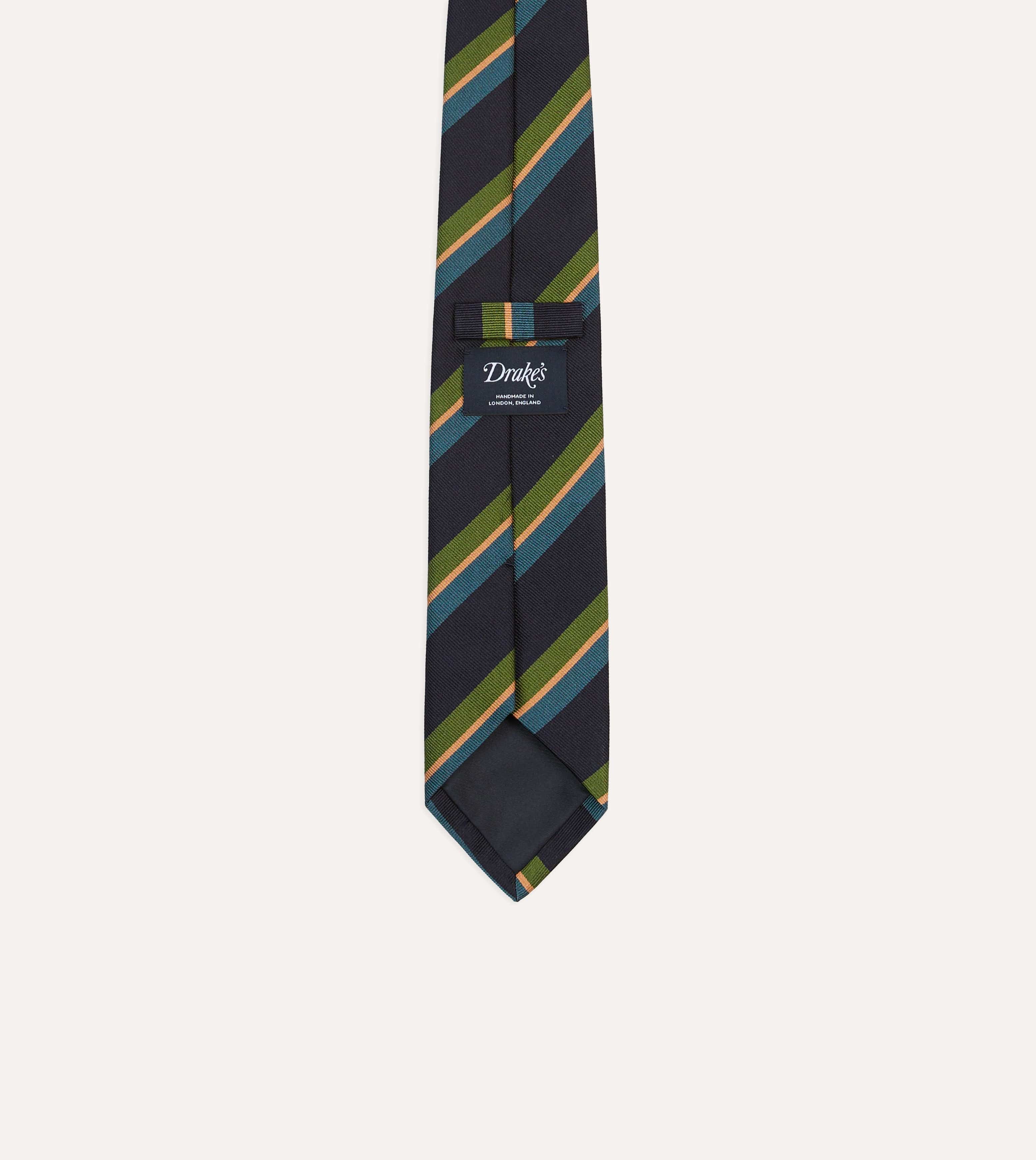 Navy, Green and Blue Sandwich Stripe Repp Silk Tipped Tie - Image 4